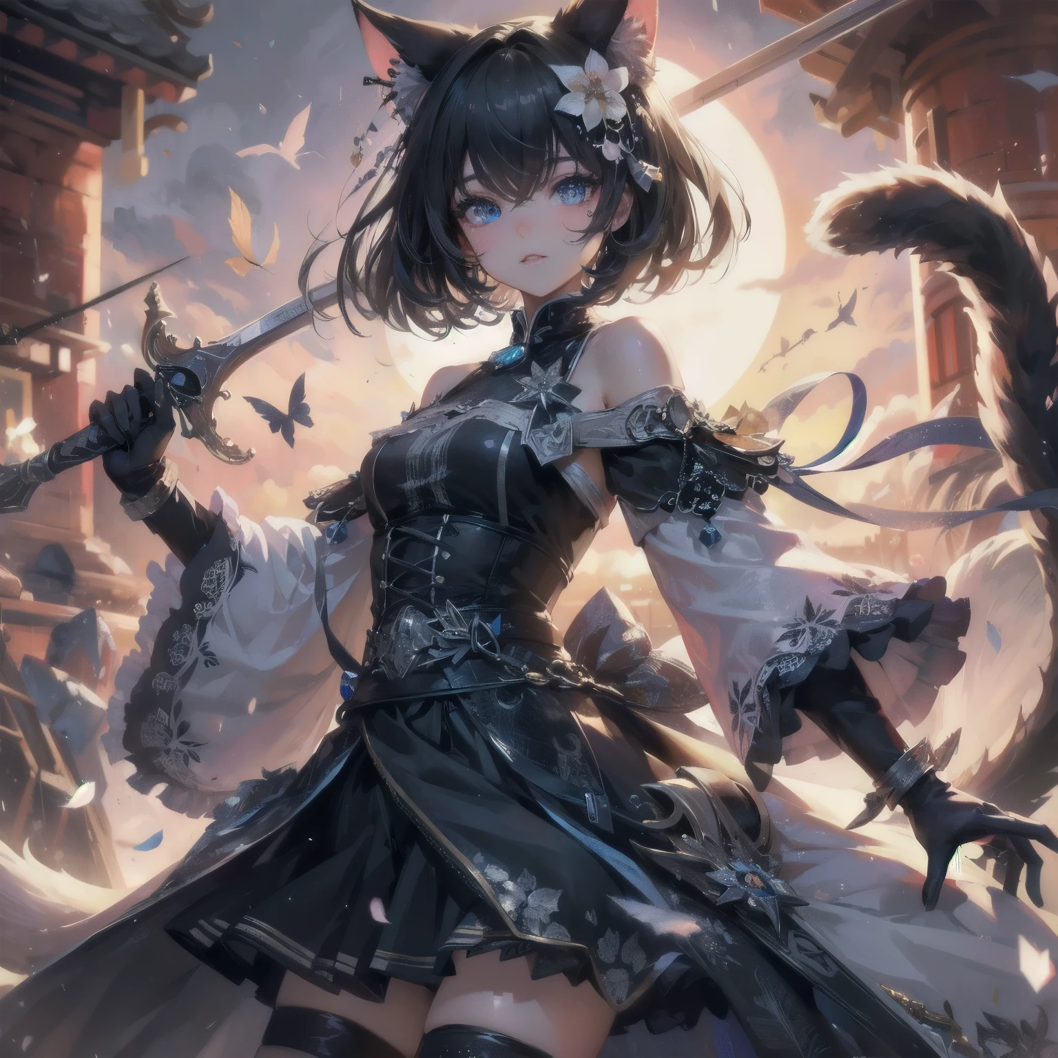 high quality,hd,16k,sharp line,1girl,cat ears,cat tail ,cute face, large breasts ,nice legs,,focus girl,detailed beautiful face,detailed clothes,beautiful eyes,sexy,dynamic angle