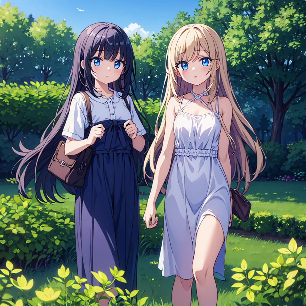 (masterpiece)、(highest quality)、(Completely naked)、(grassland)、(bright background)、(10 year old girl)、(1 person)、luster、shadow、small breasts、blue eyes、black hair