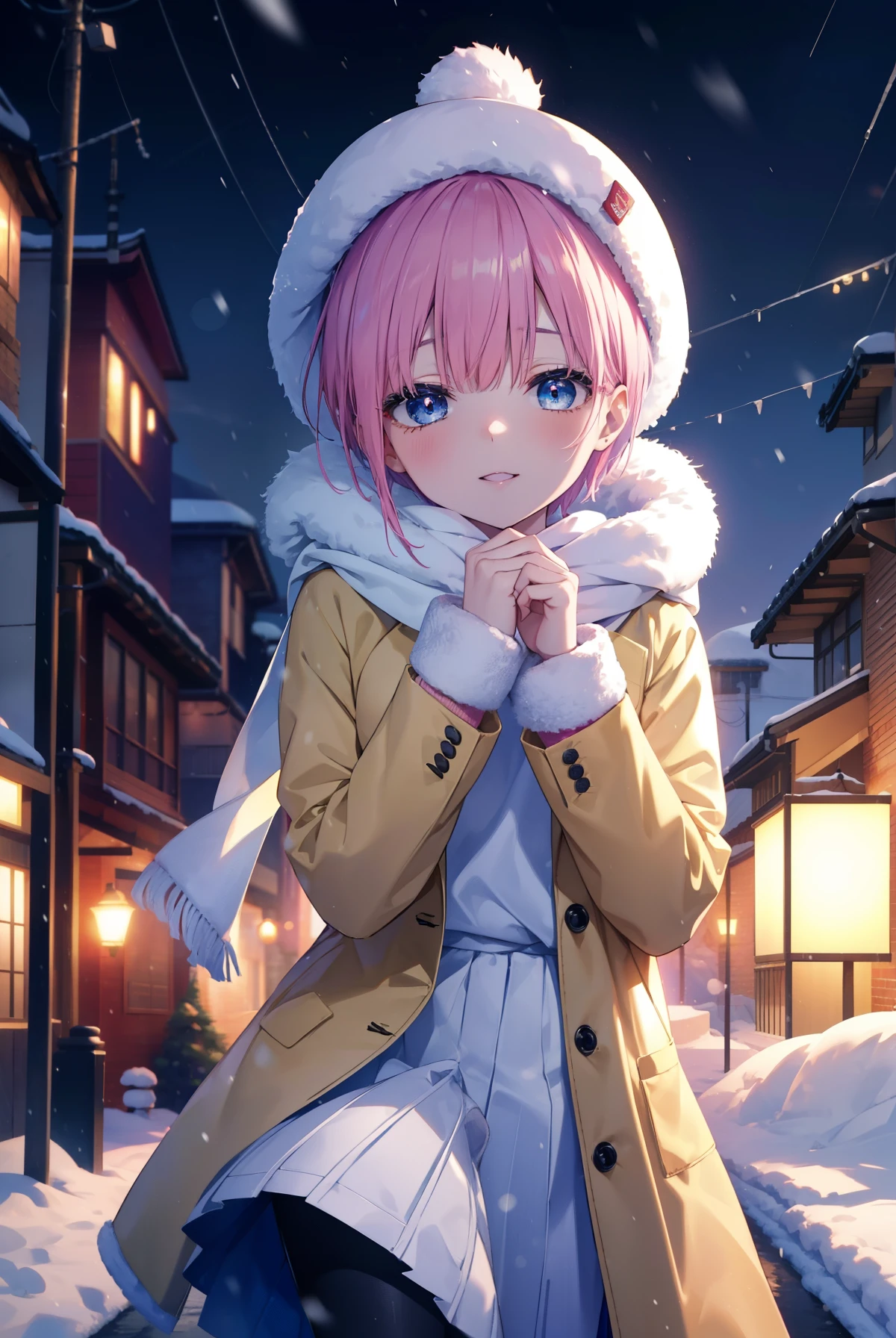 ichikanakano, ichika nakano, short hair, bangs, blue eyes, hair between eyes, pink hair,happy smile, smile, open your mouth,knit hat,Yellow coat,white scarf,white sweater,fluffy gloves,long skirt,short boots,It's snowing,snow is falling,winter,cold sky,moonlight,full moon,よる
break looking at viewer, whole body, Upper body,
break outdoors, In town,building street,
break (masterpiece:1.2), highest quality, High resolution, unity 8k wallpaper, (figure:0.8), (detailed and beautiful eyes:1.6), highly detailed face, perfect lighting, Very detailed CG, (perfect hands, perfect anatomy),