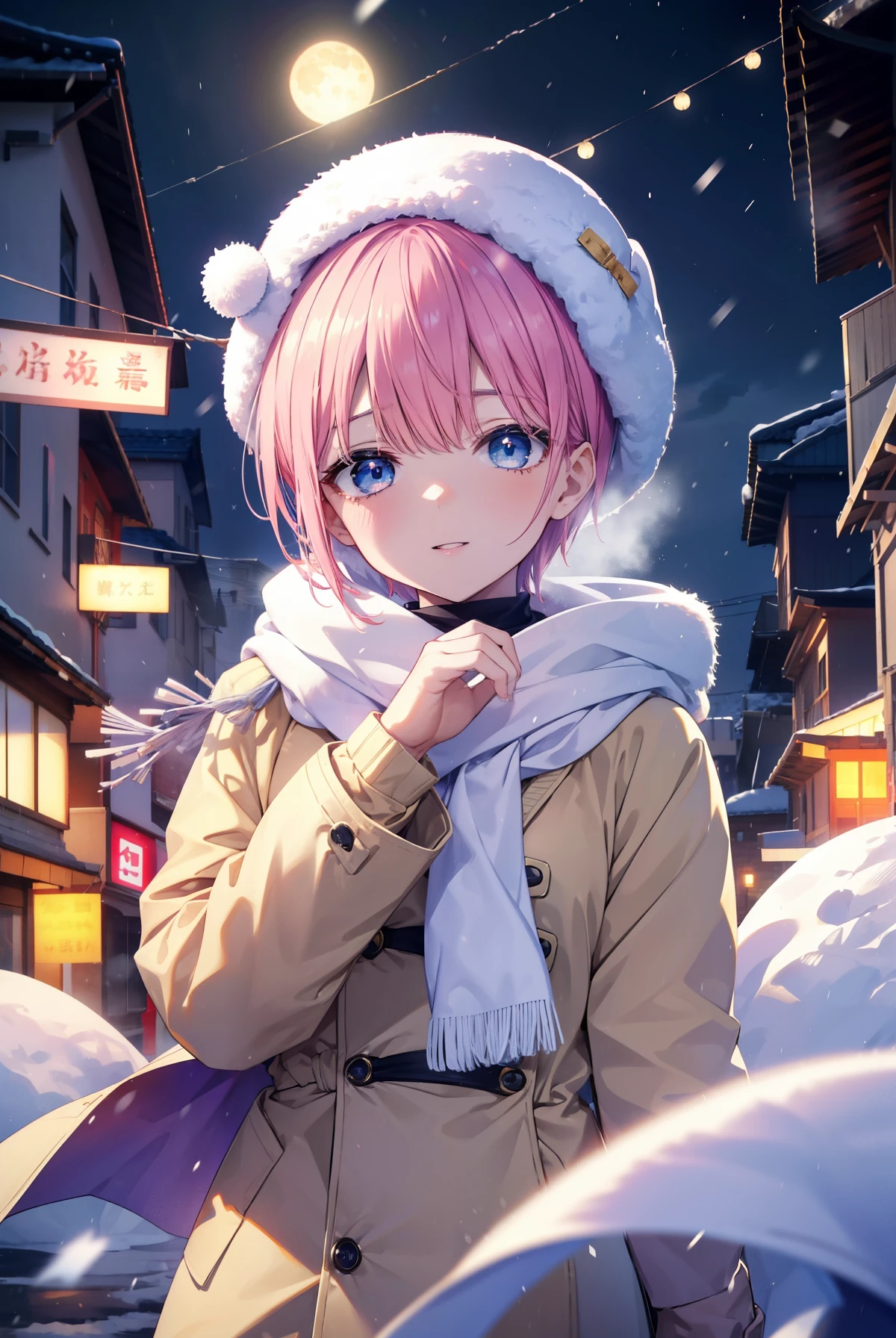 ichikanakano, ichika nakano, short hair, bangs, blue eyes, hair between eyes, pink hair,happy smile, smile, open your mouth,knit hat,Yellow coat,white scarf,white sweater,fluffy gloves,long skirt,short boots,It&#39;s snowing,snow is falling,winter,cold sky,moonlight,full moon,よる
break looking at viewer, whole body, Upper body,
break outdoors, In town,building street,
break (masterpiece:1.2), highest quality, High resolution, unity 8k wallpaper, (figure:0.8), (detailed and beautiful eyes:1.6), highly detailed face, perfect lighting, Very detailed CG, (perfect hands, perfect anatomy),
