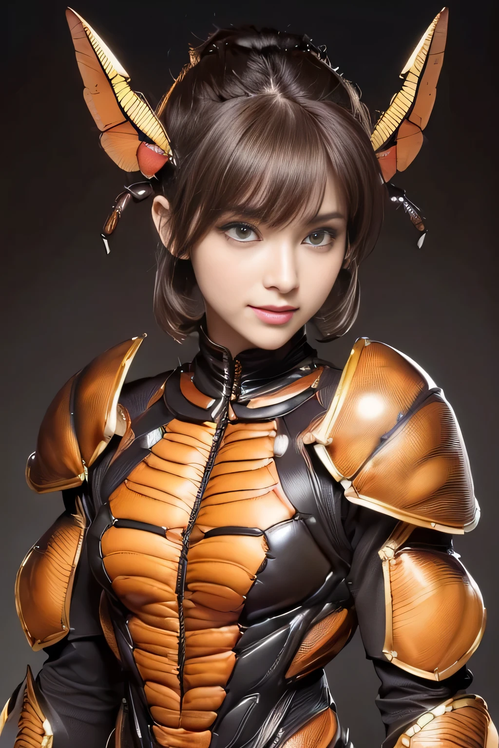 (High resolution,masterpiece,highest quality,Very detailed CG, anime, official art:1.4), realistic, photograph, amazing detail, everything is complicated, shiny and glossy,Amazing number of layers, 8K wallpaper, 3D, sketch, cute, figure,( alone:1.4), perfect female proportions,villain&#39;s daughter, (Fusion of dark brown cockroach and lady:1.4), (brown cockroach woman:1.2), (brown cockroach woman:1.2), (Fusion:1.2), (alone:1.4), (evil smile:1.2), muscular, abs, (Cockroach brown exoskeleton bio insect suit:1.4), (Cockroach brown exoskeleton bio insect armor:1.2), (brown transparent cockroach feathers:1.4), (Antennae of brown cockroaches:1.3),