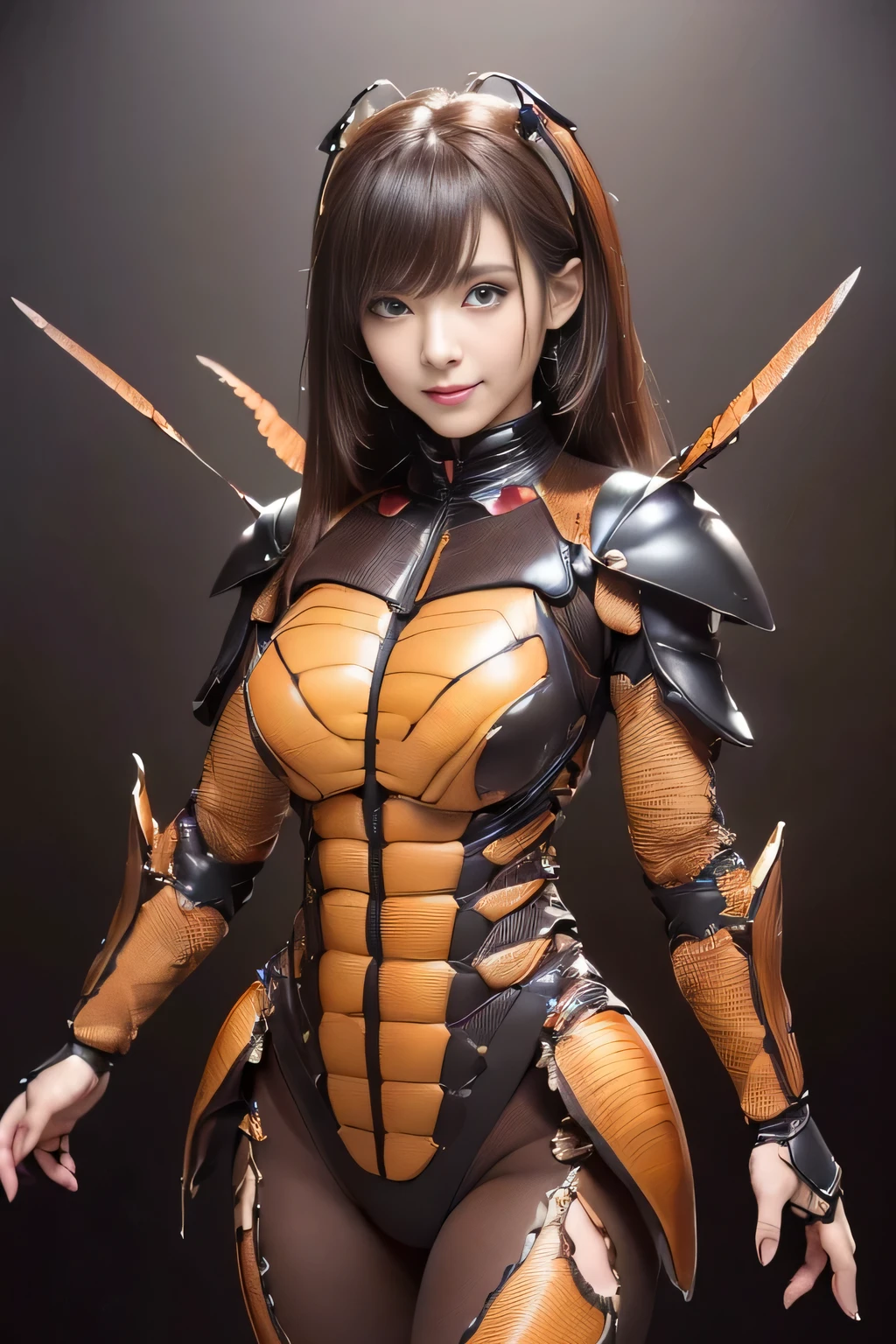 (High resolution,masterpiece,highest quality,Very detailed CG, anime, official art:1.4), realistic, photograph, amazing detail, everything is complicated, shiny and glossy,Amazing number of layers, 8K wallpaper, 3D, sketch, cute, figure,( alone:1.4), perfect female proportions,villain's daughter, (Fusion of dark brown cockroach and lady:1.4), (brown cockroach woman:1.2), (brown cockroach woman:1.2), (Fusion:1.2), (alone:1.4), (evil smile:1.2), muscular, abs, (Cockroach brown exoskeleton bio insect suit:1.4), (Cockroach brown exoskeleton bio insect armor:1.2), (brown transparent cockroach feathers:1.4), (Antennae of brown cockroaches:1.3),