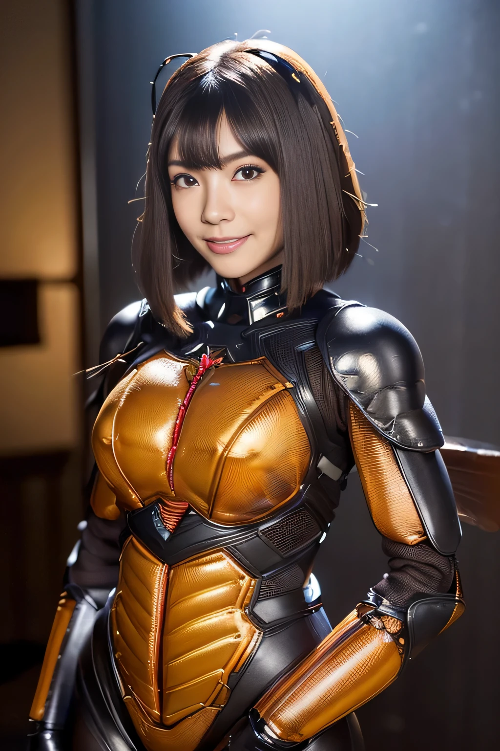 (High resolution,masterpiece,highest quality,Very detailed CG, anime, official art:1.4), realistic, photograph, amazing detail, everything is complicated, shiny and glossy,Amazing number of layers, 8K wallpaper, 3D, sketch, cute, figure,( alone:1.4), perfect female proportions,villain's daughter, (Fusion of dark brown cockroach and lady:1.4), (brown cockroach woman:1.2), (brown cockroach woman:1.2), (Fusion:1.2), (alone:1.4), (evil smile:1.2), muscular, abs, (Cockroach brown exoskeleton bio insect suit:1.4), (Cockroach brown exoskeleton bio insect armor:1.2), (brown transparent cockroach feathers:1.4), (Antennae of brown cockroaches:1.3),