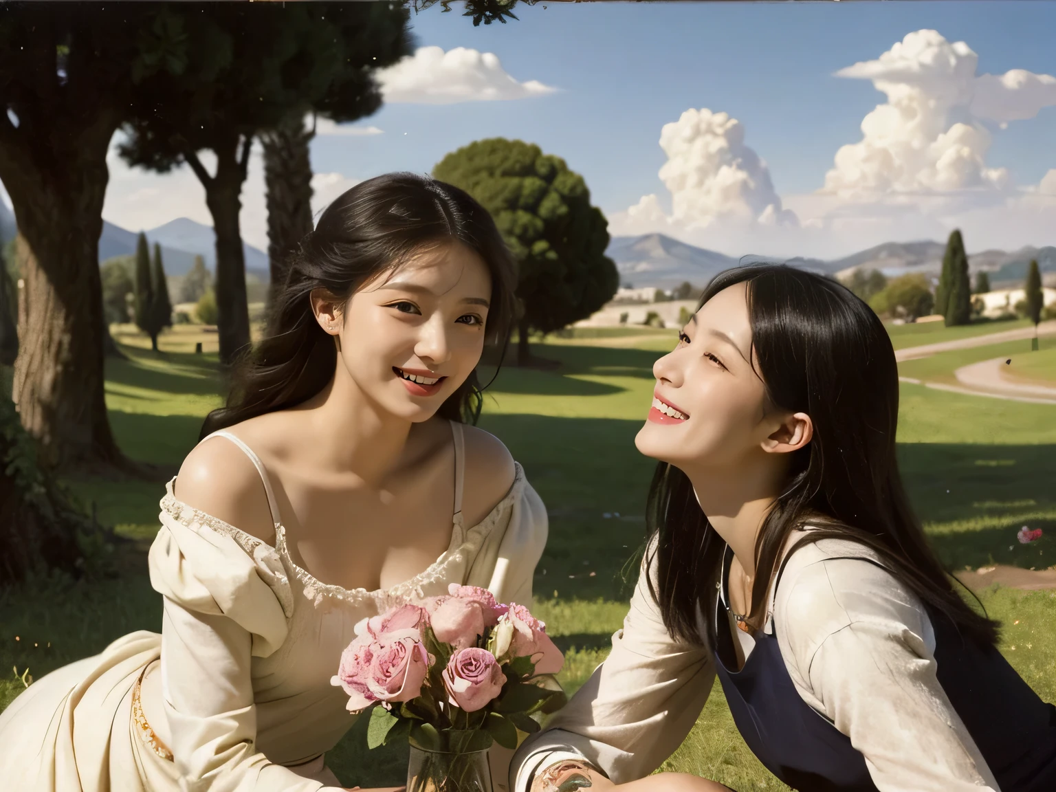 Giorgione painting style,Arguments of two female Philosophe,math、astronomical machine、astronaut、roses in vase、fruits、Cute trinkets、smile、ancient greek costume、Ancient Roman landscape in the style of Nicolas Poussin,laughter,,Sweet and seductive appearance.、Caravaggio's paintings、Chiaroscuro of Caravaggio、hair tousled by the wind,Two women frolicking,cute smile, expression of ecstasy,Sexy,erotic