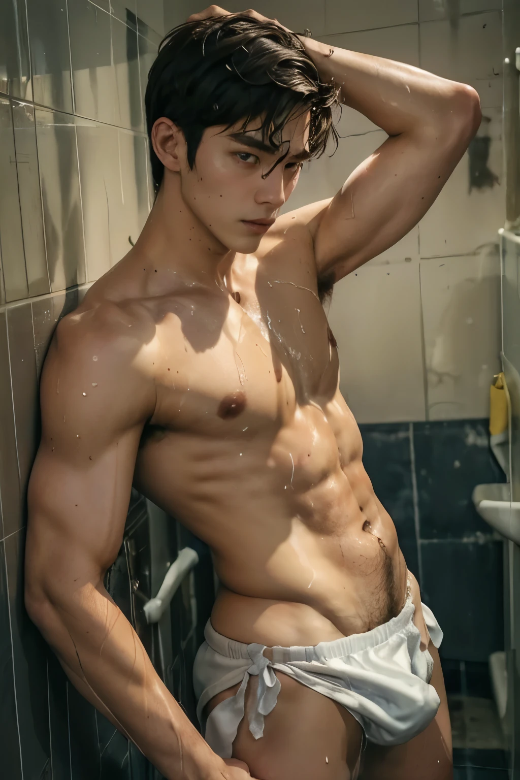 Soaked white THONG, Shota, teenager, very wet body, Hairy stomatch, very hairy abs, Very bushy hairy armpits, hairy pubic, hairy crotch, white sleeveless shirt, Super Realistic photography, PROUDLY SHOWING OFF HIS BODY, boy, Wearing soaked white tanktop, NO PANTS, DETAILED, sexy, wearing soaked tanktop, ABS EXPOSED, Very wet body, very wet, dirty urinal, public men toilet, men urinal, pantless just wearing soaked white thong, Showing off his very hairy armpits, muscle fit body, teenager, very cute boy face, 17 years y young teenager boy, seedy a alley scenery, in the middle of Crowded public toilet, dickprint, Sweat dripping all over the body, Proudly showing off his sweaty very hairy armpits to audience , The colors are bright and vibrant, enhancing the overall aesthetic. The lighting is soft and natural, casting a soft glow on the boy, don't merge body's, detailed eyes and lips, sixpack and fit body. Image quality is of the highest standard, with ultra-detailed features and a realistic appearance.