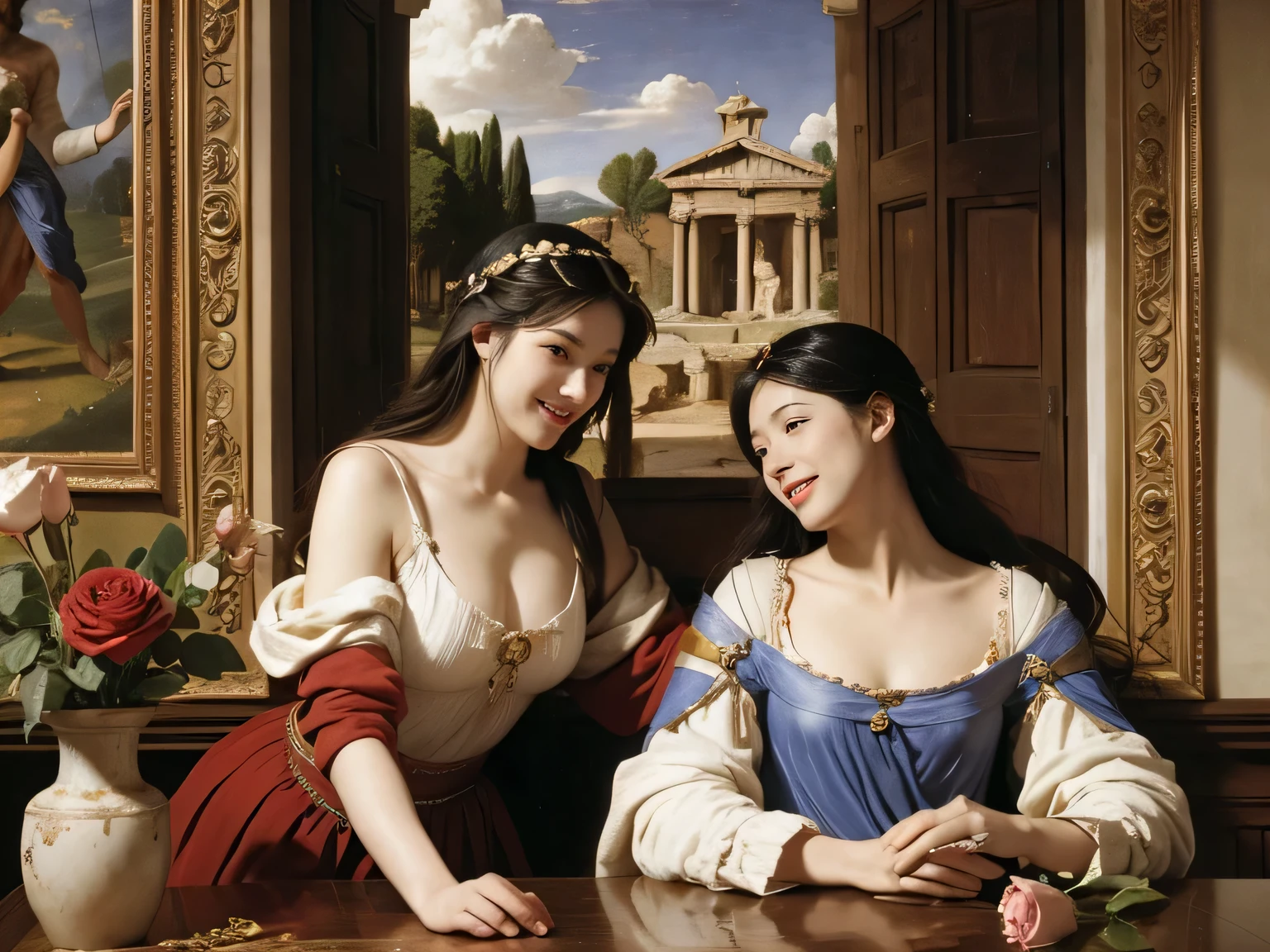(best quality,highres:1.2),ultra-detailed,realistic,(portraits:1.1),vivid colors,(19th century:1.1),two very beautiful lesbian women who are lovers,(translucent casino suits),(fashionable:1.1),sitting with elegance with one woman feeling her girlfriend's breast,(roulette table:1.1)