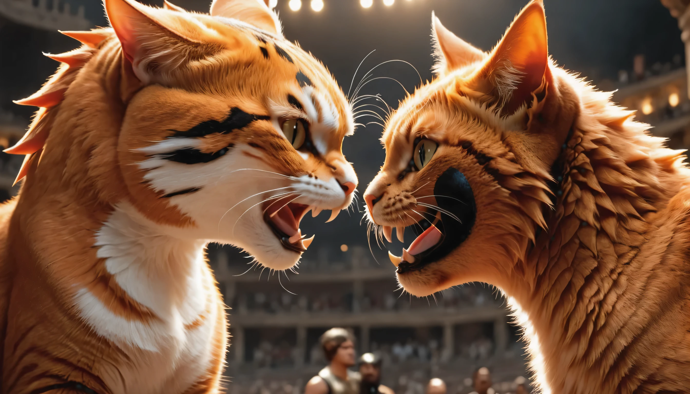 a chubby orange cat fight with a dragon monster face to face,Beautiful Eyes, (Delicate Face), Perfect Details, (Best Lighting), (Super Intricate Details), (Boxing Cat), (Aggressive Punching), Sweat, Heavy Breathing,colosseum ,Claw marks, wounds , cinematic film still , Best quality, 4K, A high resolution, ultra detailed