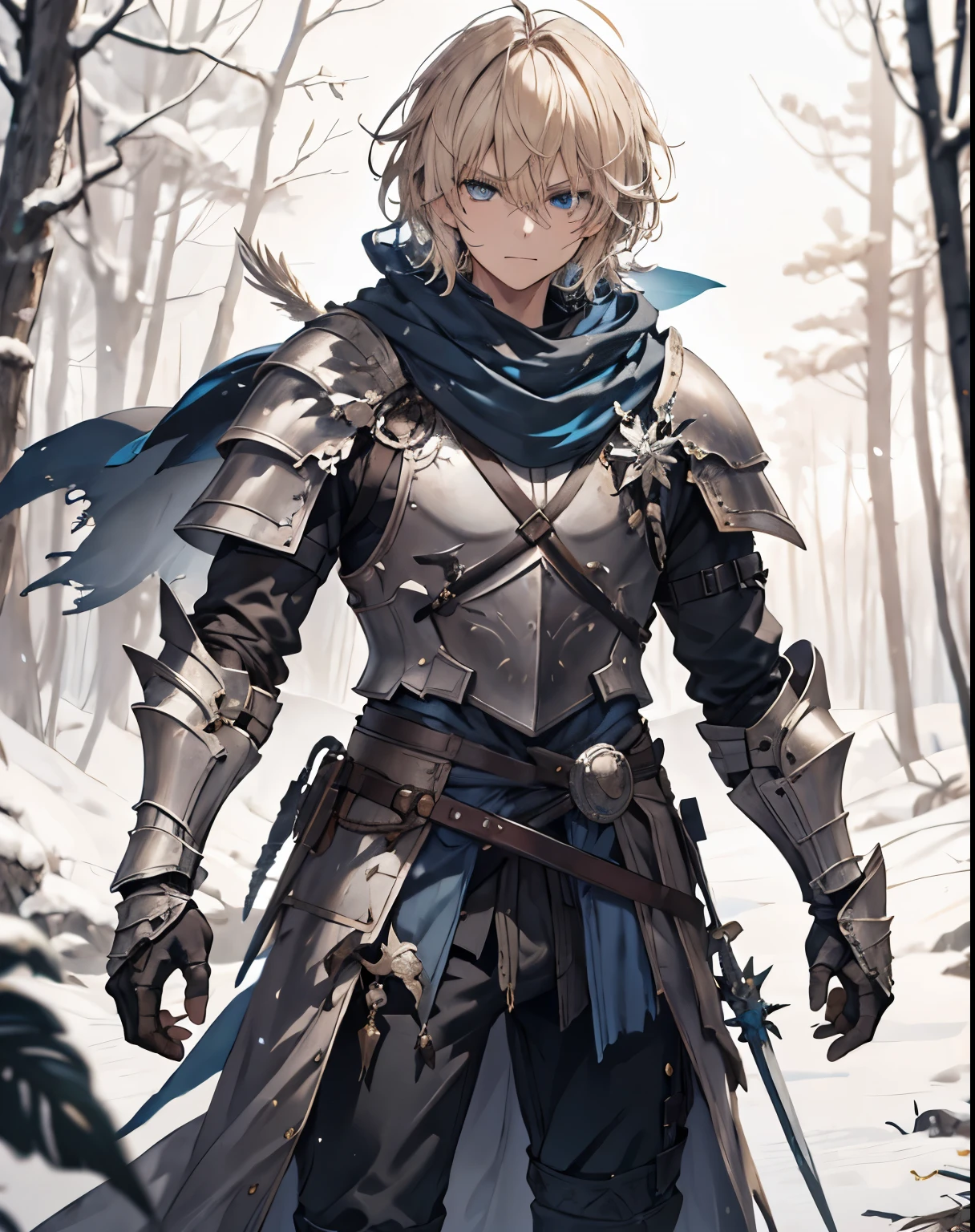 masterpiece, 1men, sparrow, a blonde haired men, wearing a black medieval armored knight, curly short hair, messy hair, slim body, wearing knight clothes, he close her left eye, shirt ornament, angry expression, blue eyes, stand at snowy forest, ahoge, grey vest, shawl, full armor, bring big shield in his back, beautiful eyes, handsome