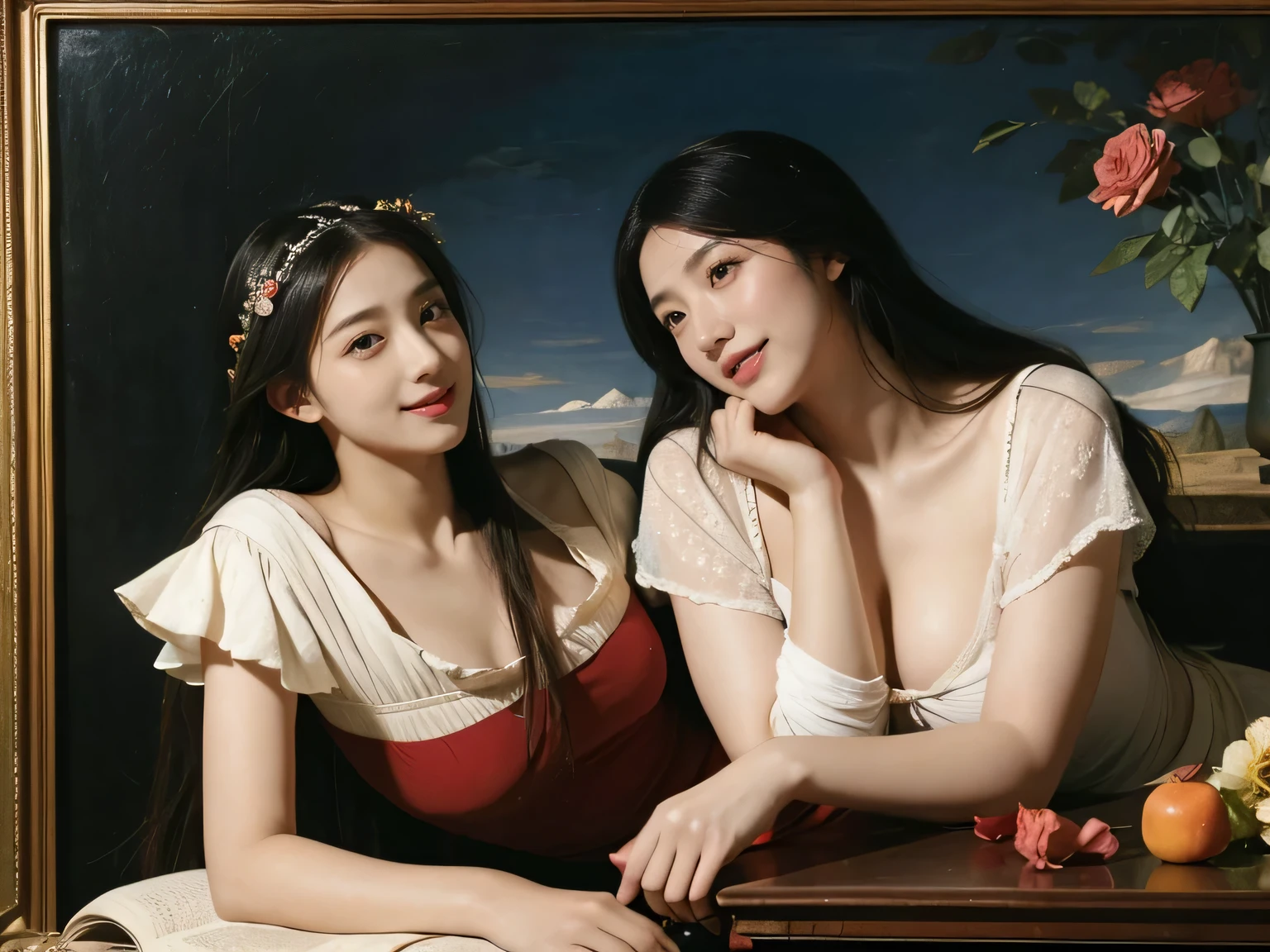 Giorgione painting style,Arguments of two female Philosophe,math、astronomical machine、astronaut、roses in vase、fruits、Cute trinkets、smile、ancient greek costume、Ancient Roman landscape in the style of Nicolas Poussin,laughter,,Sweet and seductive appearance.、Caravaggio's paintings、Chiaroscuro of Caravaggio、hair tousled by the wind,Two women frolicking,cute smile, expression of ecstasy,Sexy,erotic