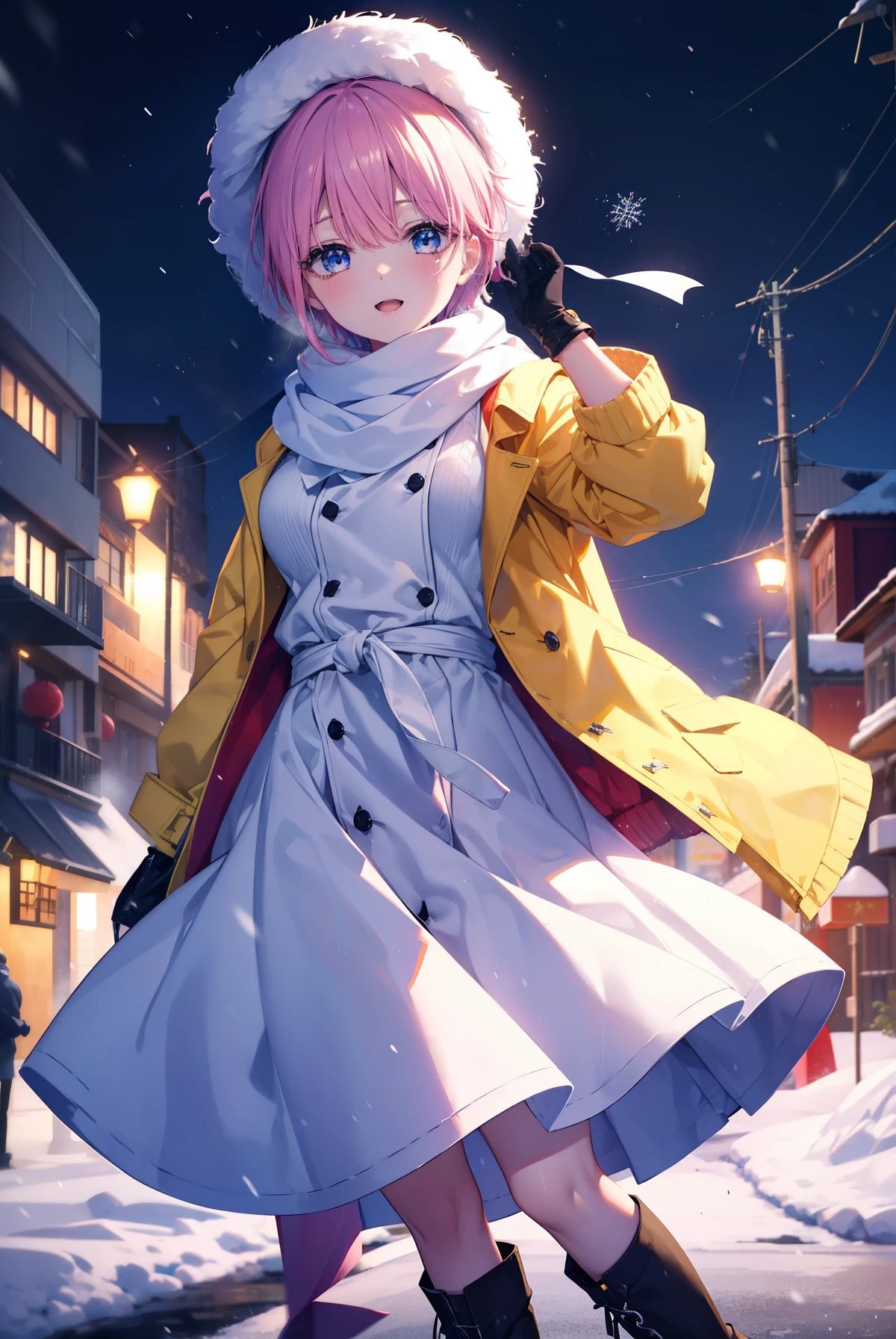 ichikanakano, ichika nakano, short hair, bangs, blue eyes, hair between eyes, pink hair,happy smile, smile, open your mouth,knit hat,Yellow coat,white scarf,white sweater,He wears fluffy gloves on both hands.,long skirt,short boots,It&#39;s snowing,snow is falling,winter,cold sky,moonlight,full moon,よる
break looking at viewer, whole body, Upper body,
break outdoors, In town,building street,
break (masterpiece:1.2), highest quality, High resolution, unity 8k wallpaper, (figure:0.8), (detailed and beautiful eyes:1.6), highly detailed face, perfect lighting, Very detailed CG, (perfect hands, perfect anatomy),