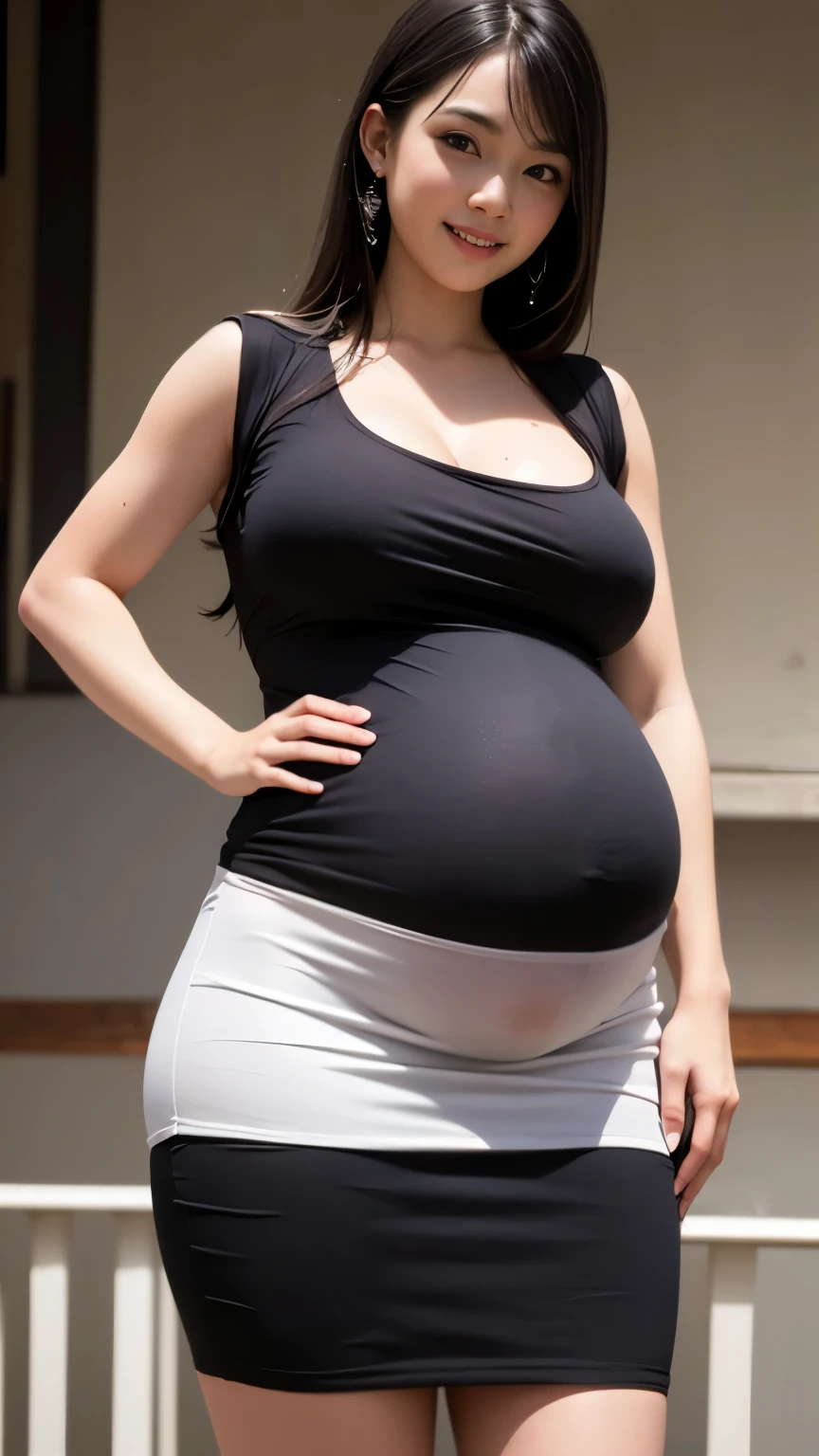 (Best Quality, Masterpiece, Photo realistic, Ultra Detailed, ultra high res, raw:1.3), big breasts, (huge pregnant), 1girl, pretty, Japanese, tight knit, pencil skirt, smile, long hair, bangs,