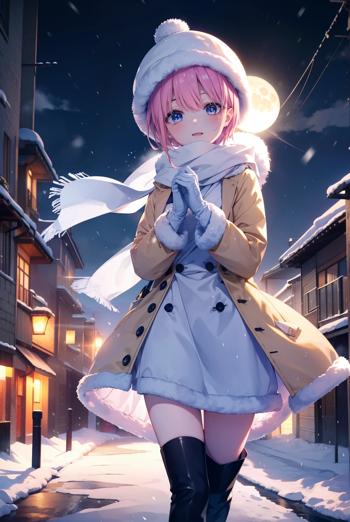 ichikanakano, ichika nakano, short hair, bangs, blue eyes, hair between eyes, pink hair,happy smile, smile, open your mouth,knit hat,Yellow coat,white scarf,white sweater,He wears fluffy gloves on both hands.,long skirt,short boots,It's snowing,snow is falling,winter,cold sky,moonlight,full moon,よる
break looking at viewer, whole body, Upper body,
break outdoors, In town,building street,
break (masterpiece:1.2), highest quality, High resolution, unity 8k wallpaper, (figure:0.8), (detailed and beautiful eyes:1.6), highly detailed face, perfect lighting, Very detailed CG, (perfect hands, perfect anatomy),