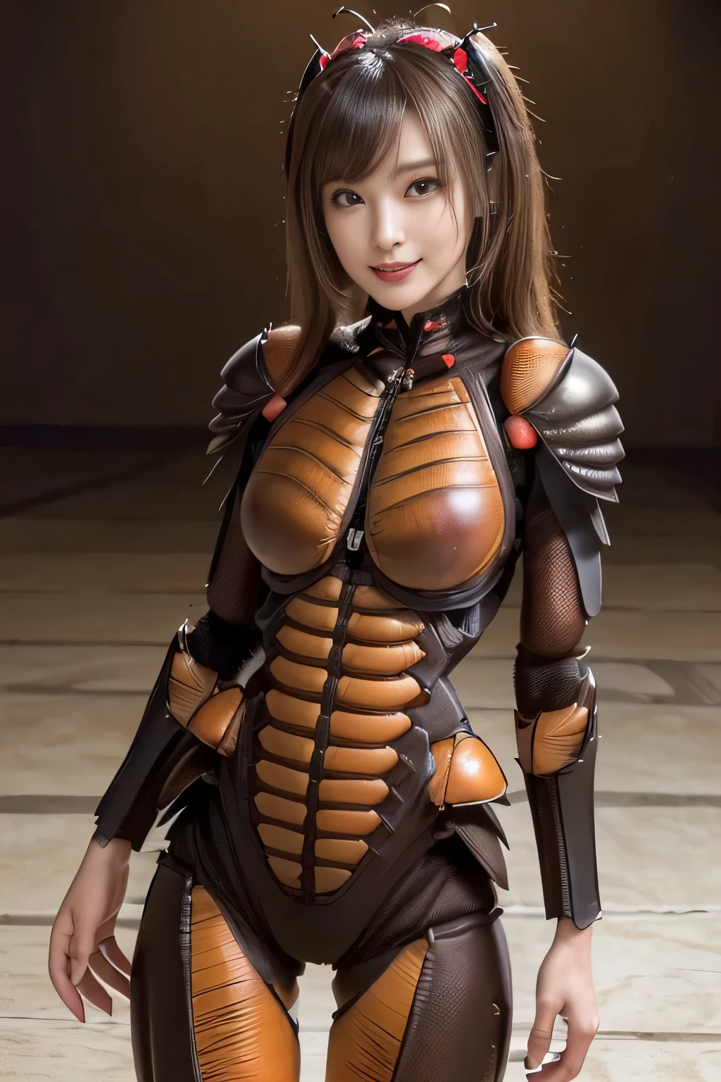 (High resolution,masterpiece,highest quality,Very detailed CG, anime, official art:1.4), realistic, photograph, amazing detail, everything is complicated, shiny and glossy,Amazing number of layers, 8K wallpaper, 3D, sketch, cute, figure,( alone:1.4), perfect female proportions,villain&#39;s daughter, (Fusion of dark brown cockroach and lady:1.4), (brown cockroach woman:1.2), (brown cockroach woman:1.2), (Fusion:1.2), (alone:1.4), (evil smile:1.2), muscular, abs, (Cockroach brown exoskeleton bio insect suit:1.4), (Cockroach brown exoskeleton bio insect armor:1.2), (brown transparent cockroach feathers:1.4), (Antennae of brown cockroaches:1.3),
