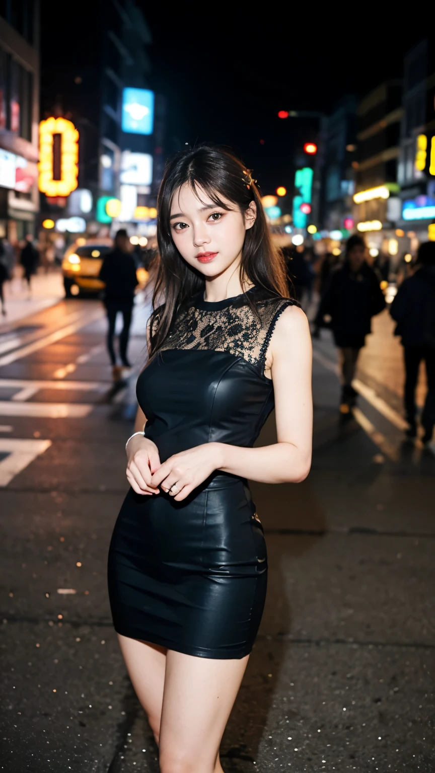 (8K、Raw photo、highest quality、masterpiece:1.2)、(realistic、Photoreal:1.37)、woman1名:1.5、Japanese、22 years ago、woman、professional lighting、photon mapping、radio city、、lots of eyelashes、Glitter on your eyelids、jet black lip、beautiful woman、cute,smile,,Standing position,Standing position,far,beautiful woman,black hair,long legs、neon street、Shibuya、city、date、date服、private server、Are standing、Standing position、take a pose、