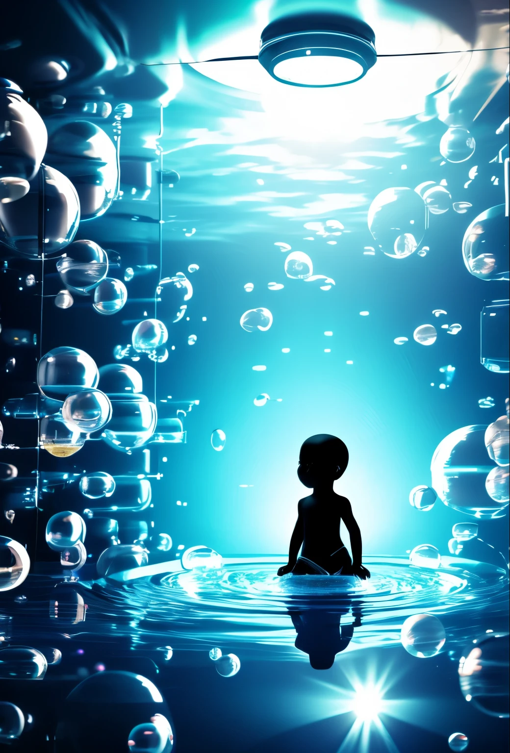 a floating black baby, standing in a sci fi room full of floating computer chips in bubbles, sunrise seen through the window in the background. chip designed lights on the walls shining medium light providing a grey and blue colour grading