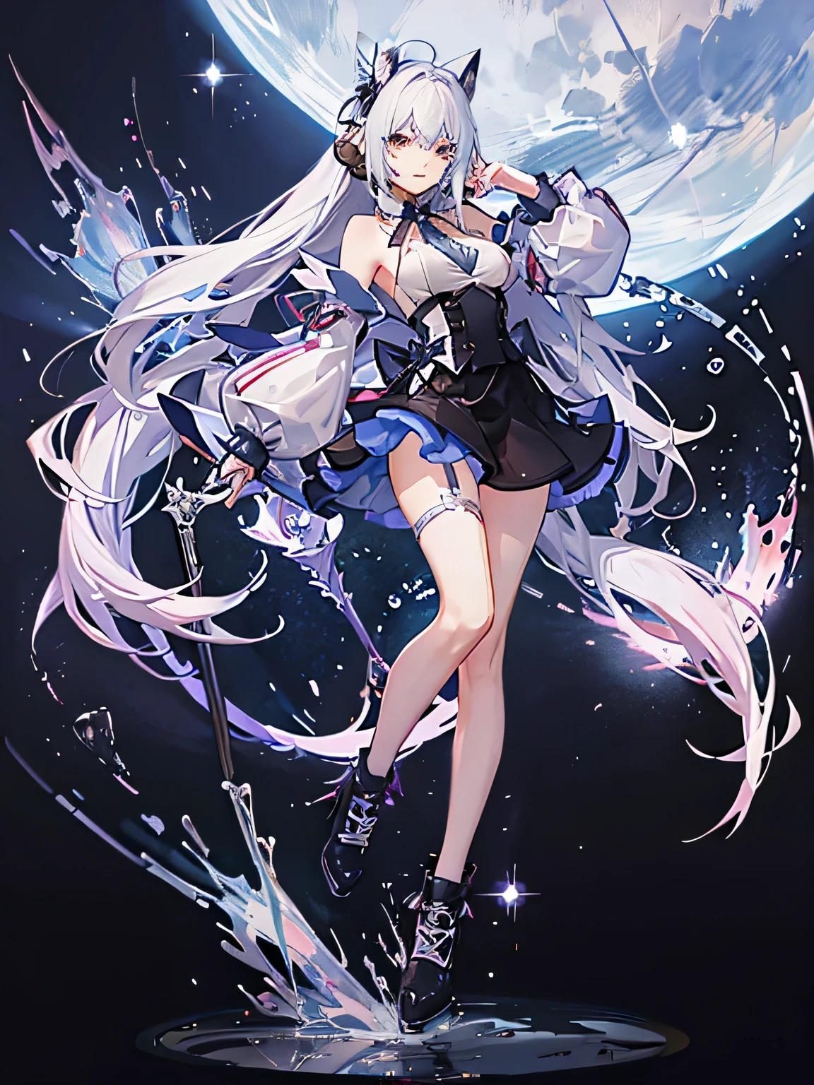 "anime girl, 1 person, silver white hair tied on both sides, light pink purple eyes, Wearing cat ear headphones, Miss shirt, Miss , tie, black miniskirt, big breasts, Smile, tights,  Stand cross-legged, side view,alone (Full HD 4K+ image)"