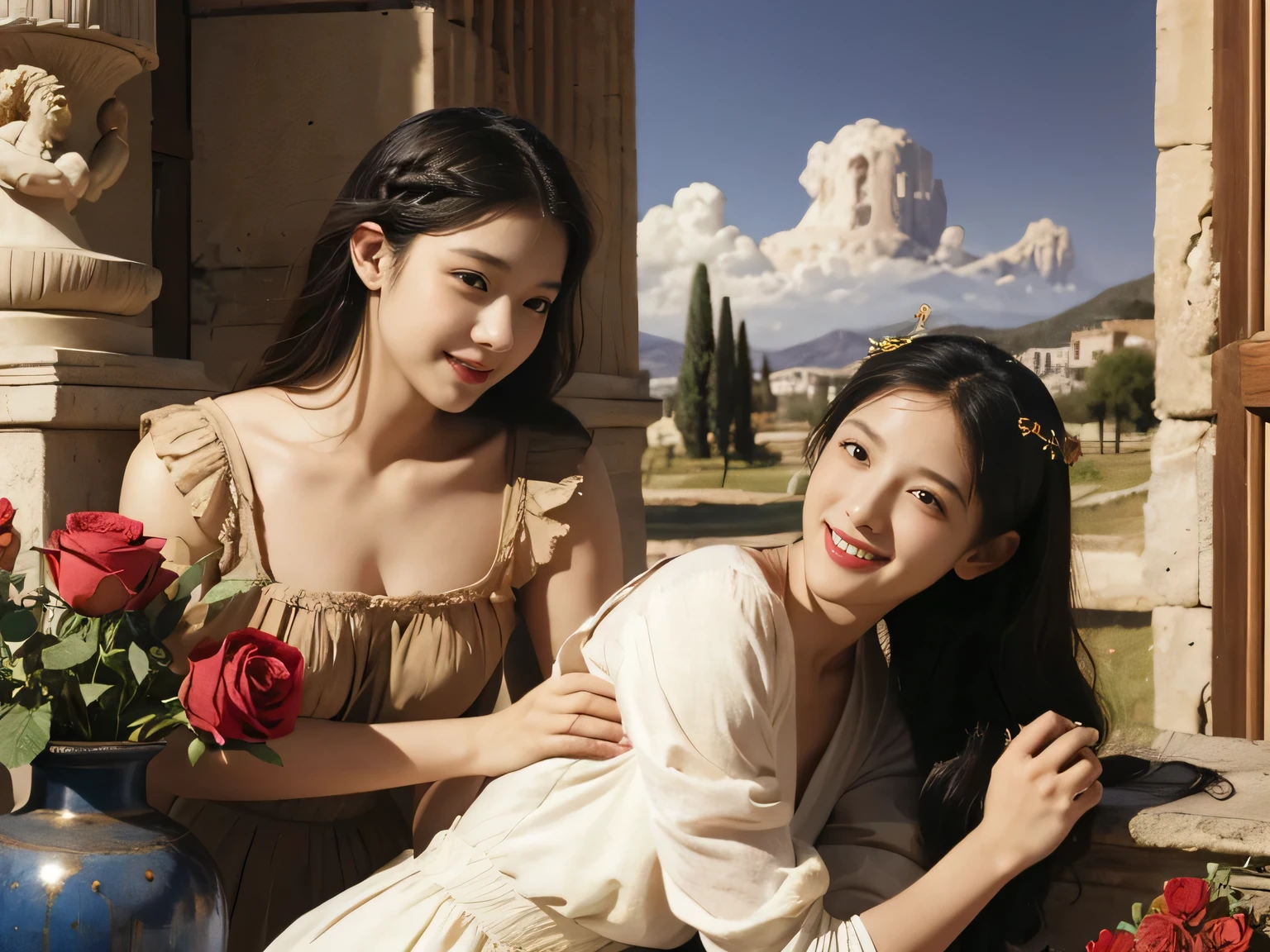 Giorgione painting style,Arguments of two female Philosophe,math、astronomical machine、astronaut、roses in vase、fruits、Cute trinkets、smile、ancient greek costume、Ancient Roman landscape in the style of Nicolas Poussin,laughter,,Sweet and seductive appearance.、Caravaggio's paintings、Chiaroscuro of Caravaggio、hair tousled by the wind,Two women frolicking,cute smile, expression of ecstasy,Sexy,erotic