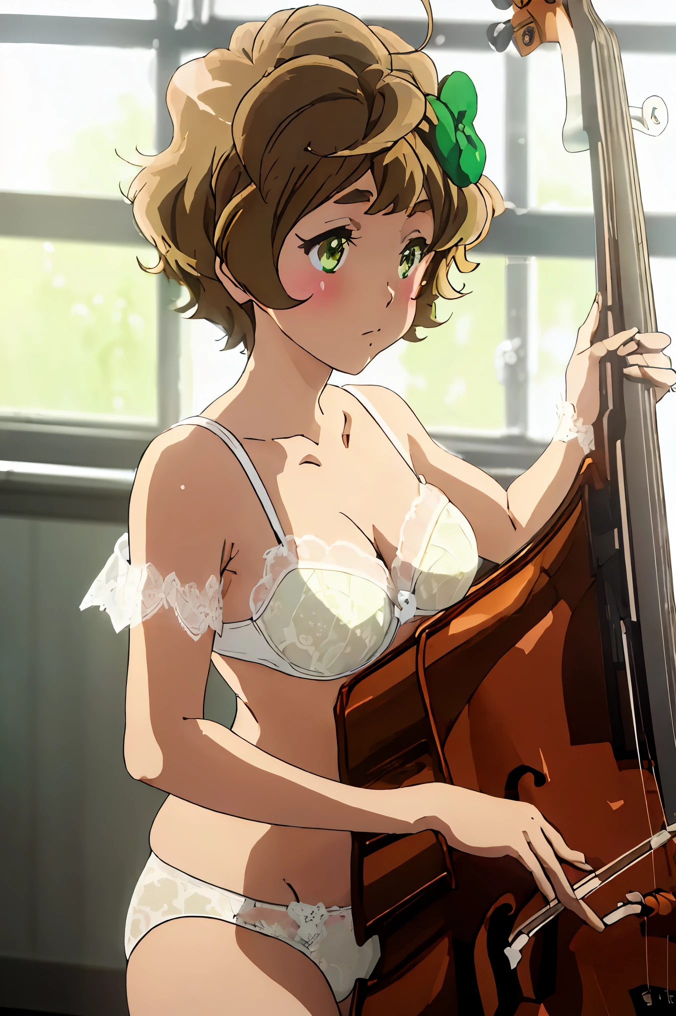 highest quality, table top, expensivet resolution, alone, {Kawashima_sapphire_Sound euphonium:1.15}, short_hair, Brown_hair, blush, bow, hair_bow, green_eye, green_bow, Ahoge, polka_point, Brown_eye, closed_mouth,(((white lace bra,white lace panties))), musical instrument, front hair, indoor, holding_musical instrument,holding double bass,