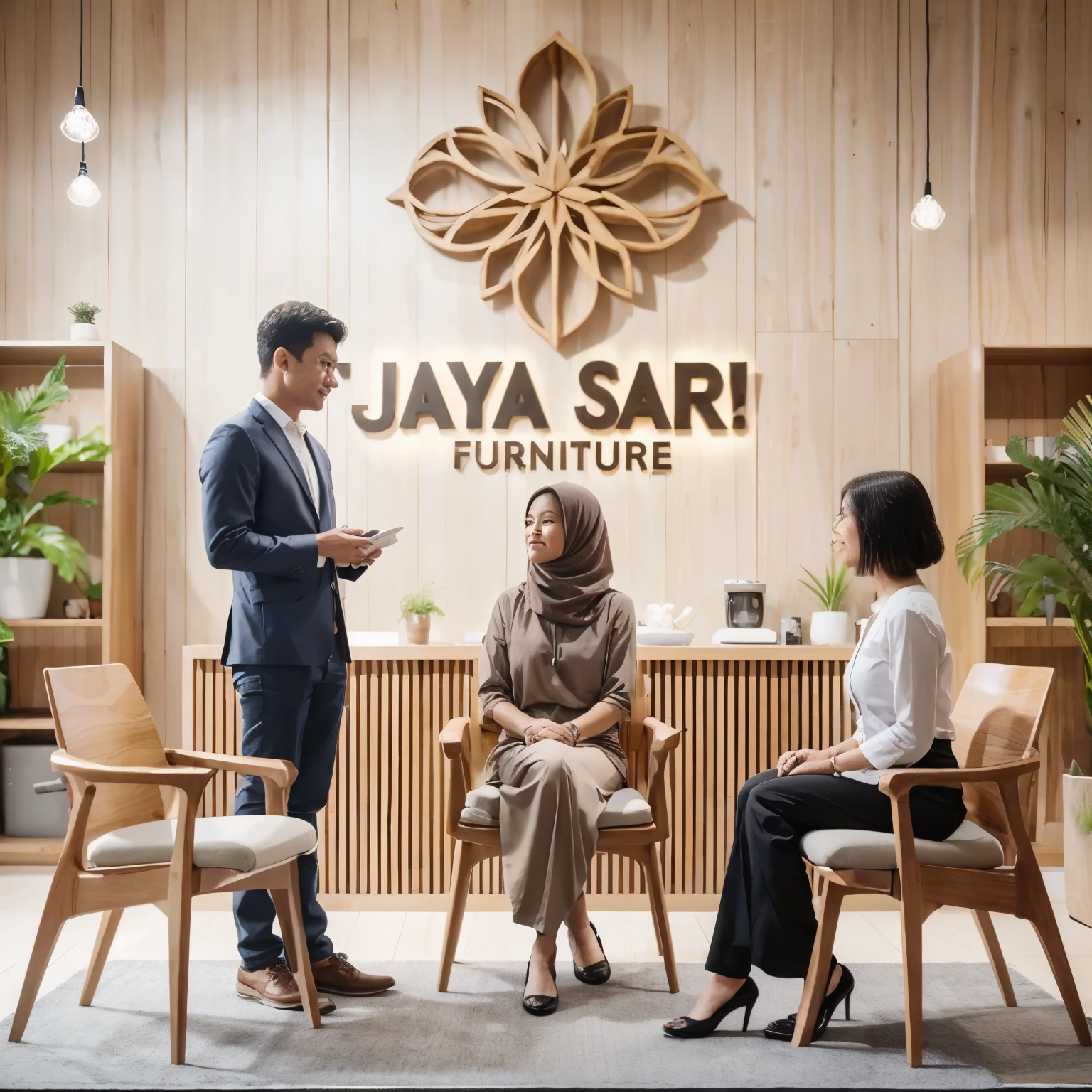 realistic photography front view of 27-years Indonesian happy woman working in a well-decorated store and is interacting with a pair of customers with a set of minimalist design teak wood chair furniture in front of a 3D logo titled “JAYA SARI Furniture” The woman wearing smart dress, and the official Shoes, The background of the image should showcase an Indonesian based furniture store, modify it according to your perspective