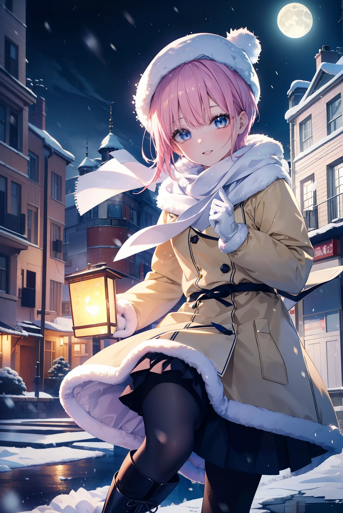 ichikanakano, ichika nakano, short hair, bangs, blue eyes, hair between eyes, pink hair,happy smile, smile, open your mouth,knit hat,Yellow coat,white scarf,white sweater,He wears fluffy gloves on both hands.,long skirt,black tights,short boots,It&#39;s snowing,snow is falling,winter,cold sky,moonlight,full moon,よる
break looking at viewer, whole body, Upper body,
break outdoors, In town,building street,
break (masterpiece:1.2), highest quality, High resolution, unity 8k wallpaper, (figure:0.8), (detailed and beautiful eyes:1.6), highly detailed face, perfect lighting, Very detailed CG, (perfect hands, perfect anatomy),