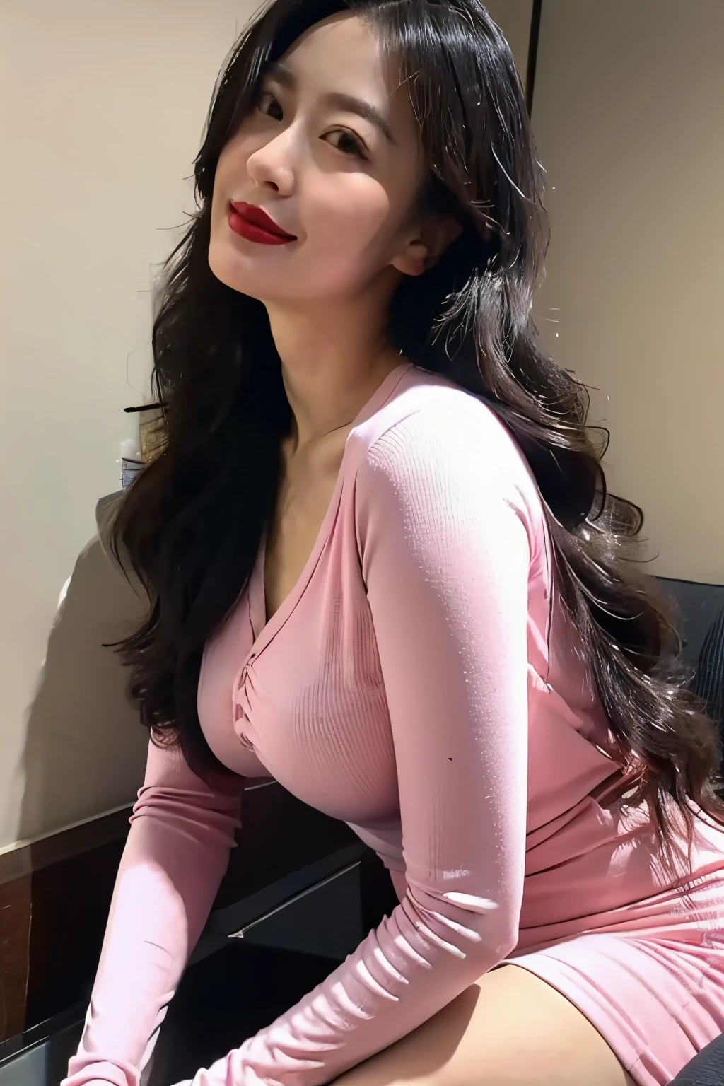 Draw lips correctly, red lipstick, from chest up, best quality, Super detailed, lifelike, Super fine skin, perfect anatomy, (1 日本Mature的女人), (alone),Wear a round neck dress,long sleeves,wavy long hair,37-year-old female,Mature,charming smile,indoor background,stand,Slightly fat,medium chest,full-body shot。