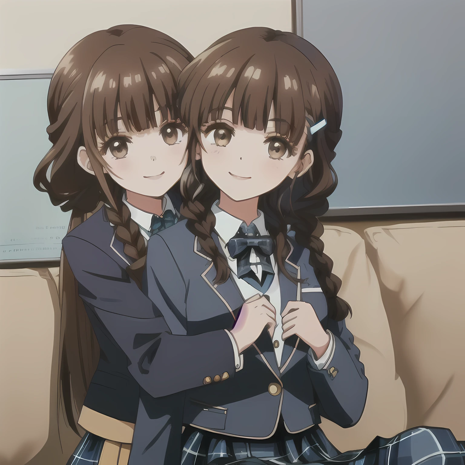 highest quality, (masterpiece:1.2), very detailed,Portrait of a beautiful girl with a bright and cheerful atmosphere, Only one beautiful girl sitting、Looking at the viewer and smiling, Glossy lips that make you want to kiss, nice smile, big brown eyes, (((dark brown hair))), 15 years old,  big shiny hair clip, , ((((Green school blazer with emblem))), ((A large Japanese-style school ribbon with a large navy blue stripe on the chest.)), very shiny hair、laughter、bright look、Both face and hair catch the light and shine, The corners of the eyes are drooping,  The expression of a maiden in love, (white and transparent skin), (((Tightly braided brown hairstyle))), ((((Green & Deep navy navy color tartan check middle long skirt)))), A gentle and cute expression staring at the viewer, double eyelid, ((long eyelashes)), round face, the skirt is very cute,