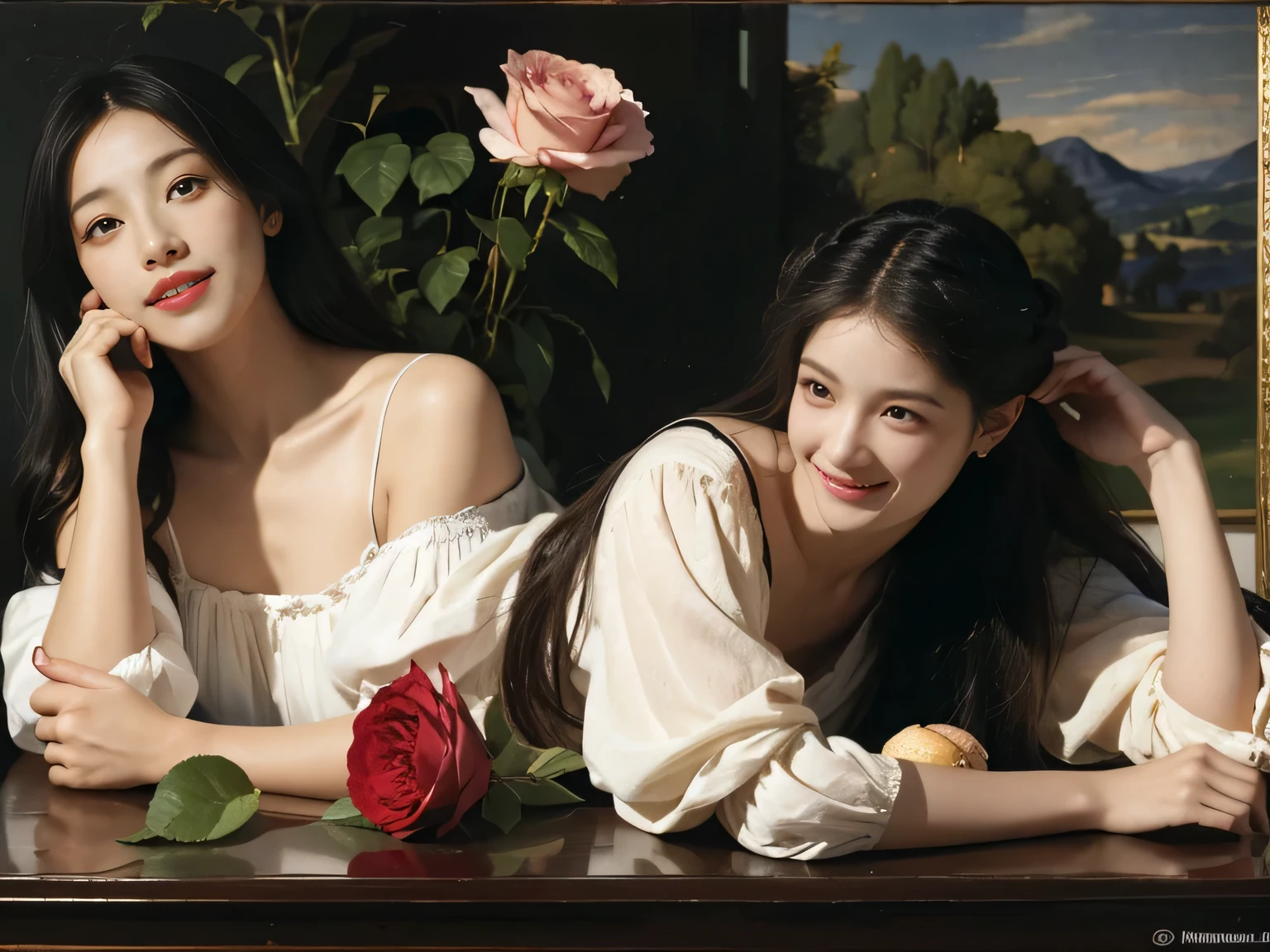 Giorgione painting style,Arguments of two female Philosophe,math、astronomical machine、astronaut、roses in vase、fruits、Cute trinkets、smile、ancient greek costume、Ancient Roman landscape in the style of Nicolas Poussin,laughter,,Sweet and seductive appearance.、Caravaggio's paintings、Chiaroscuro of Caravaggio、hair tousled by the wind,Two women frolicking,cute smile, expression of ecstasy,Sexy,??????