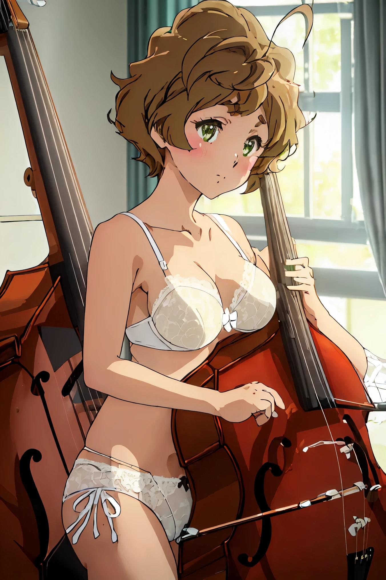 highest quality, table top, expensivet resolution, alone, {Kawashima_sapphire_Sound euphonium:1.15}, short_hair, Brown_hair, blush, bow, hair_bow,  green_eye, green_bow, Ahoge, polka_point, Brown_eye,  closed_mouth,(((white lace bra,white lace panties))), musical instrument,  front hair, indoor,  holding_musical instrument,holding double bass,looking at viewer,