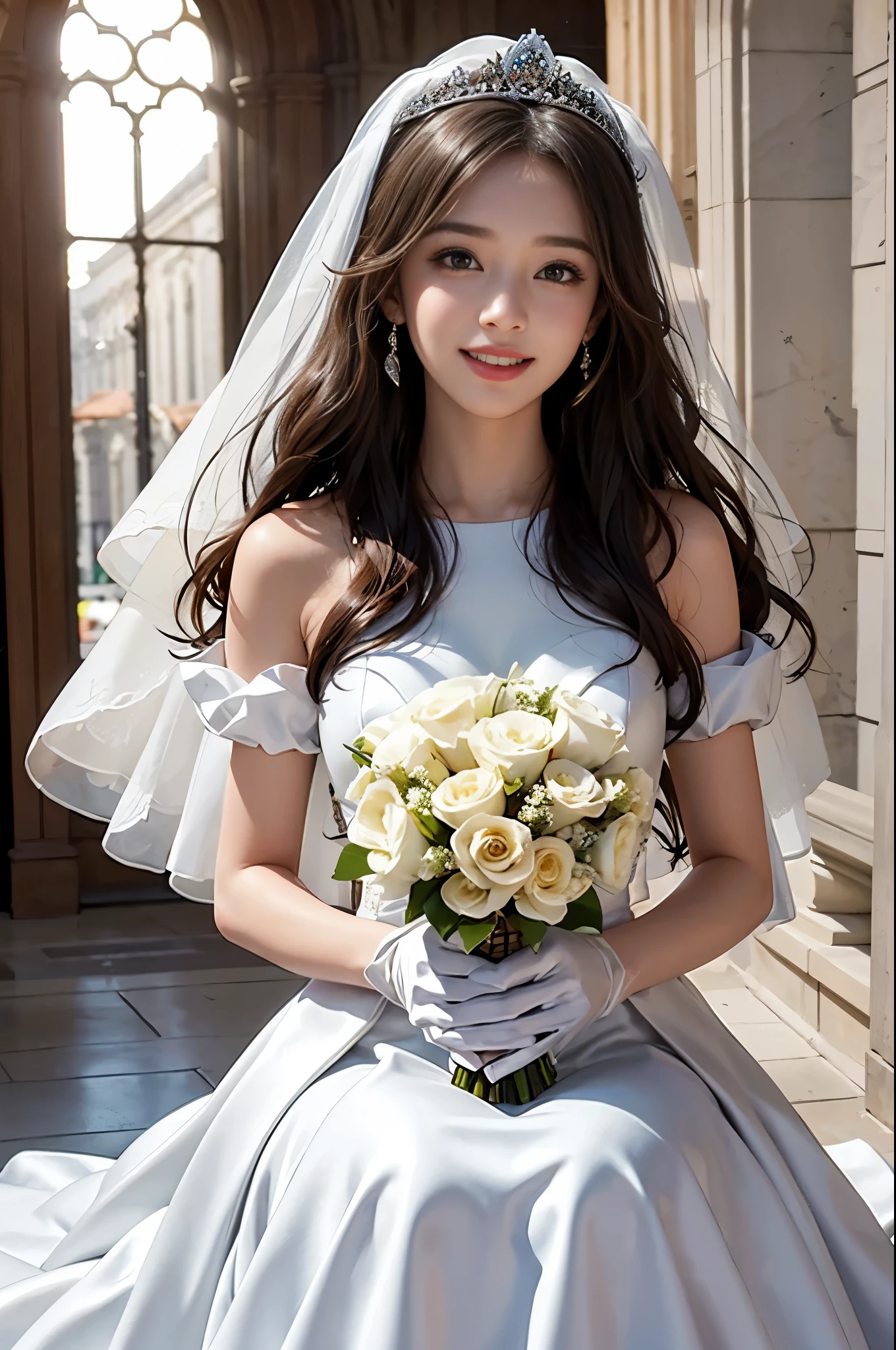 best quality, masterpiece, 1 girl, (huge laugh), cute teen, shiny lips, sweet, sun glare, Conservative attire, wedding dress, white gloves, bouquet, bridal tiara, depth of field, blurred background, Cathedral Background, light particles, strong wind, head tilt, long hair, ahego face