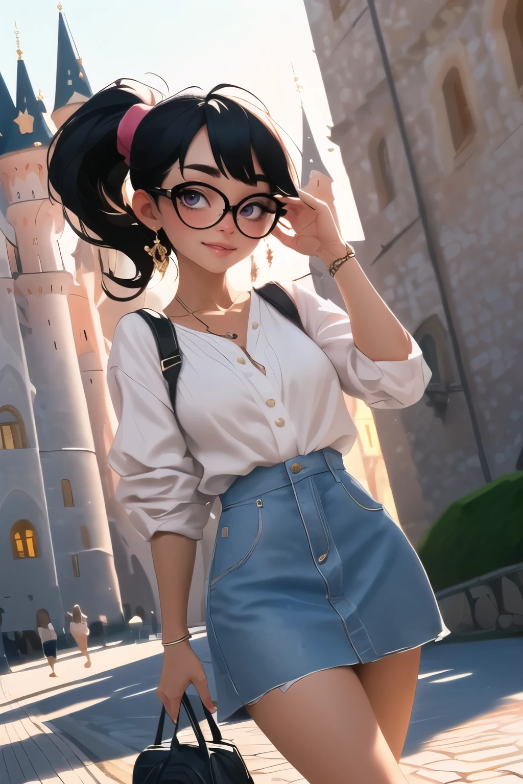 ((wide angle shot)) beautiful female tourist, black hair tied in a ponytail, bangs, wearing large glasses, smiling at the corners of the mouth, ((wearing Minimal dressing style)) morning light, Neuschwanstein Castle, country Germany