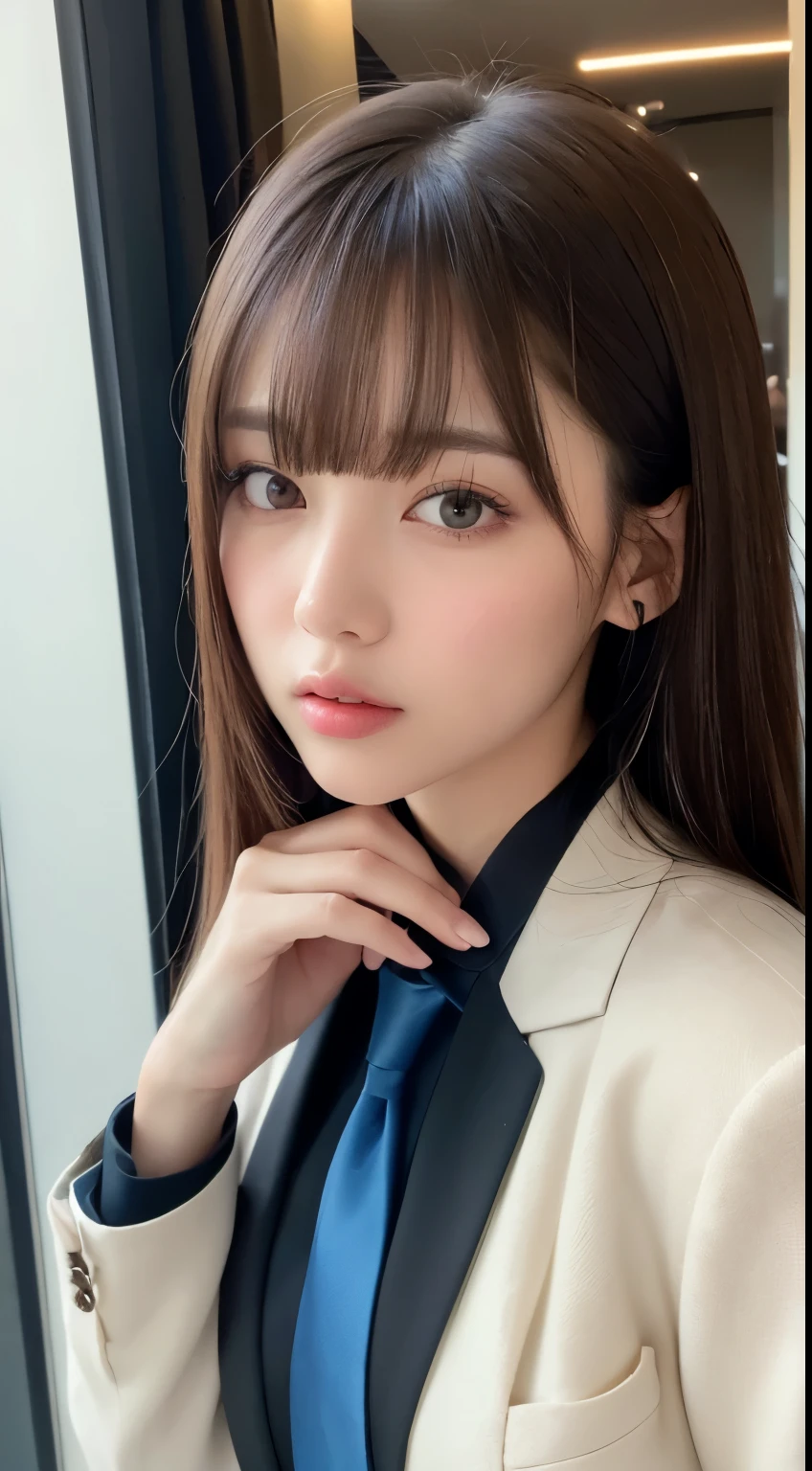 ((highest quality、8K、masterpiece:1.5))、one girl、(unhealthy face)、(letter to)、dull bangs、(lots of bangs:1.4)、(Full body Esbian:1.4)、(symmetrical face)、highly detailed face、super detailed mouth、detailed eye、Fine ears、slim face、(Self snap:1.4)、(look up)、(From above)、(straight long hair、Ahoge:1.3)、(upper eye)、background is blurry、(business suit、tie:1.3)、lip gloss、(Hotel entrance)、(natural soft light:1.3)、