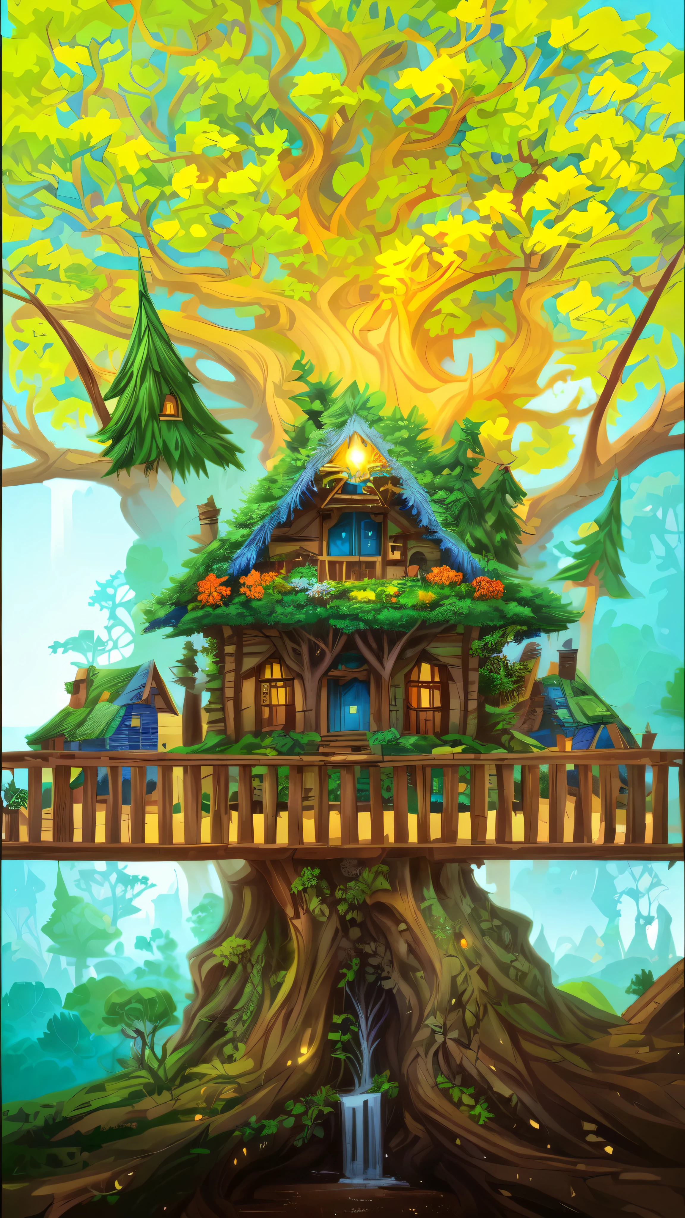 bright, (((cartoon style))), on a large green tree in the middle there is a wooden house with a balcony, fantasy (background), fantasy art, the forest, Blue sky, 
massive and tall tree trunk, Magical landscape, fantasy, No Man, illustration for children, fantasy art, masterpiece, detailed, difficult, 4K, art