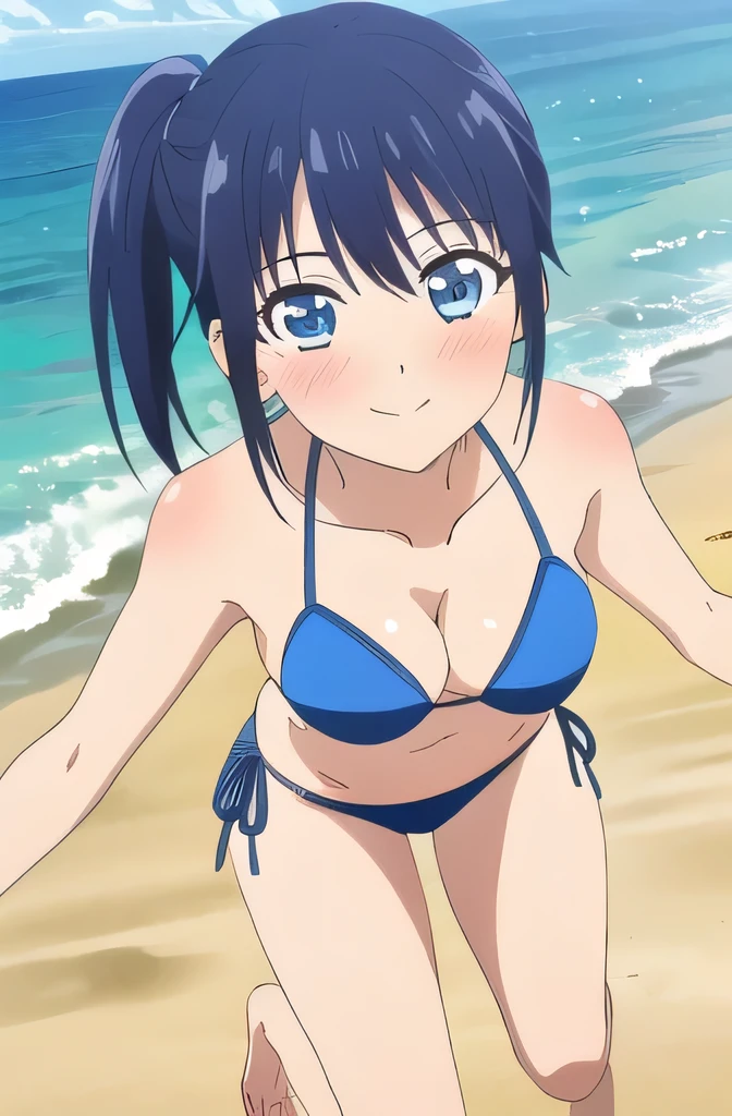 ((highest quality)),((very detailed)),masterpiece,disorganized,detailed face,beautiful face,(fine eyes, deep eyes),(1 girl),((dynamic pose)), Minase, 1 girl, alone, bikini, blue eyes, smile, blush, looking at the viewer, side ponytail, blue hair, clavicle, bangs, anime coloring book, beach background, full body