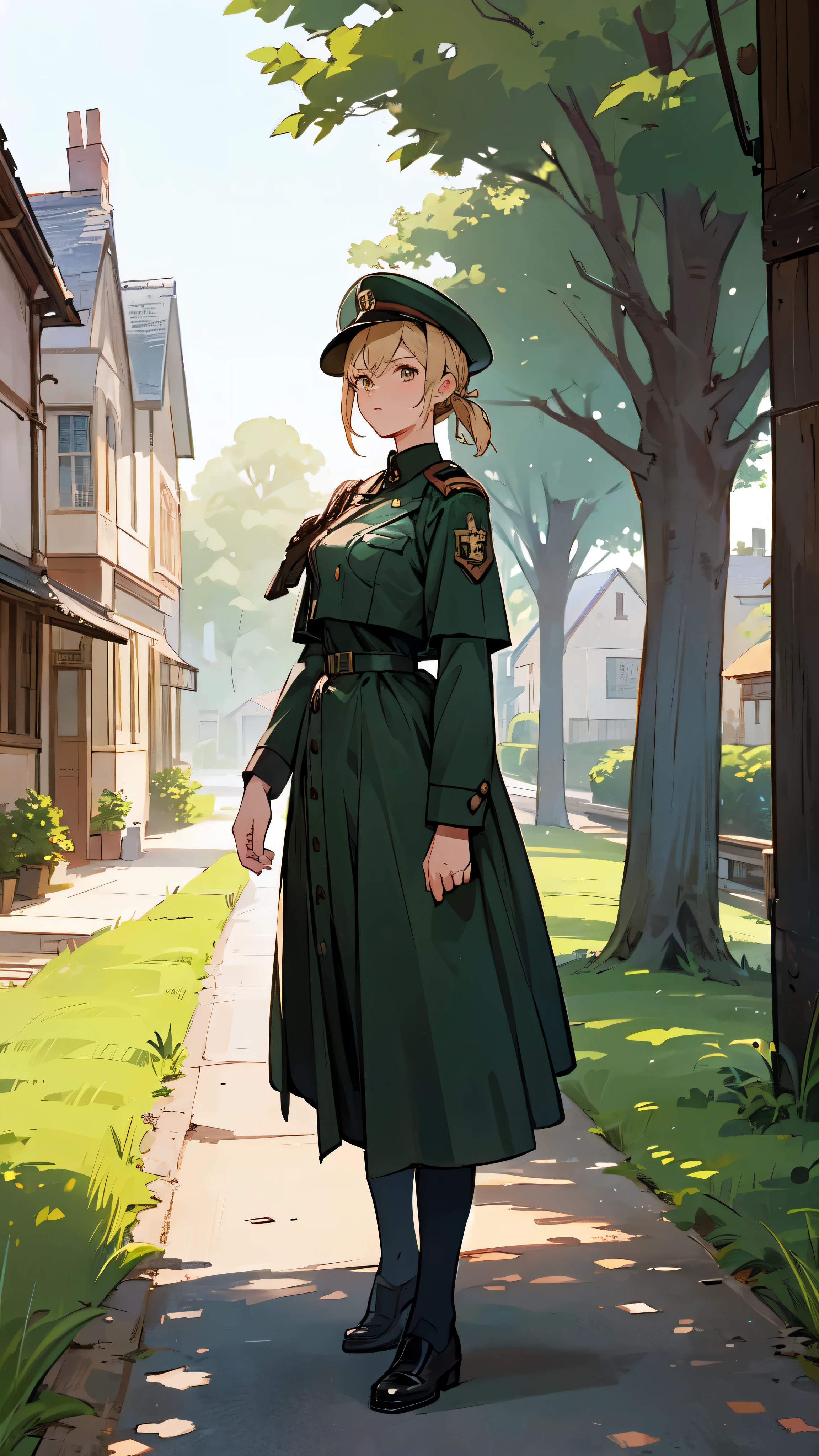 A woman standing in a town in the countryside, 1950’s aesthetic mixed with 1960’s, vintage military uniform, peace time, stylized in honor of violet evergarden, original character,