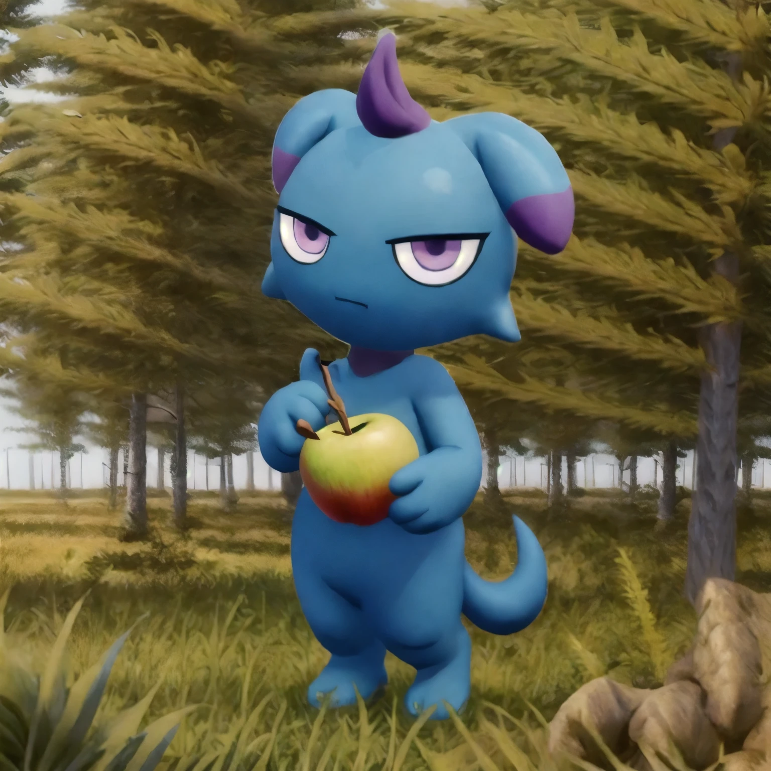 blue creature, standing, blue fur, purple eyes, dark purple puffy round like round tip tail, holding an apple in hand, grassy field , day time, masterpiece, high quality, best quality, looking at viewer,