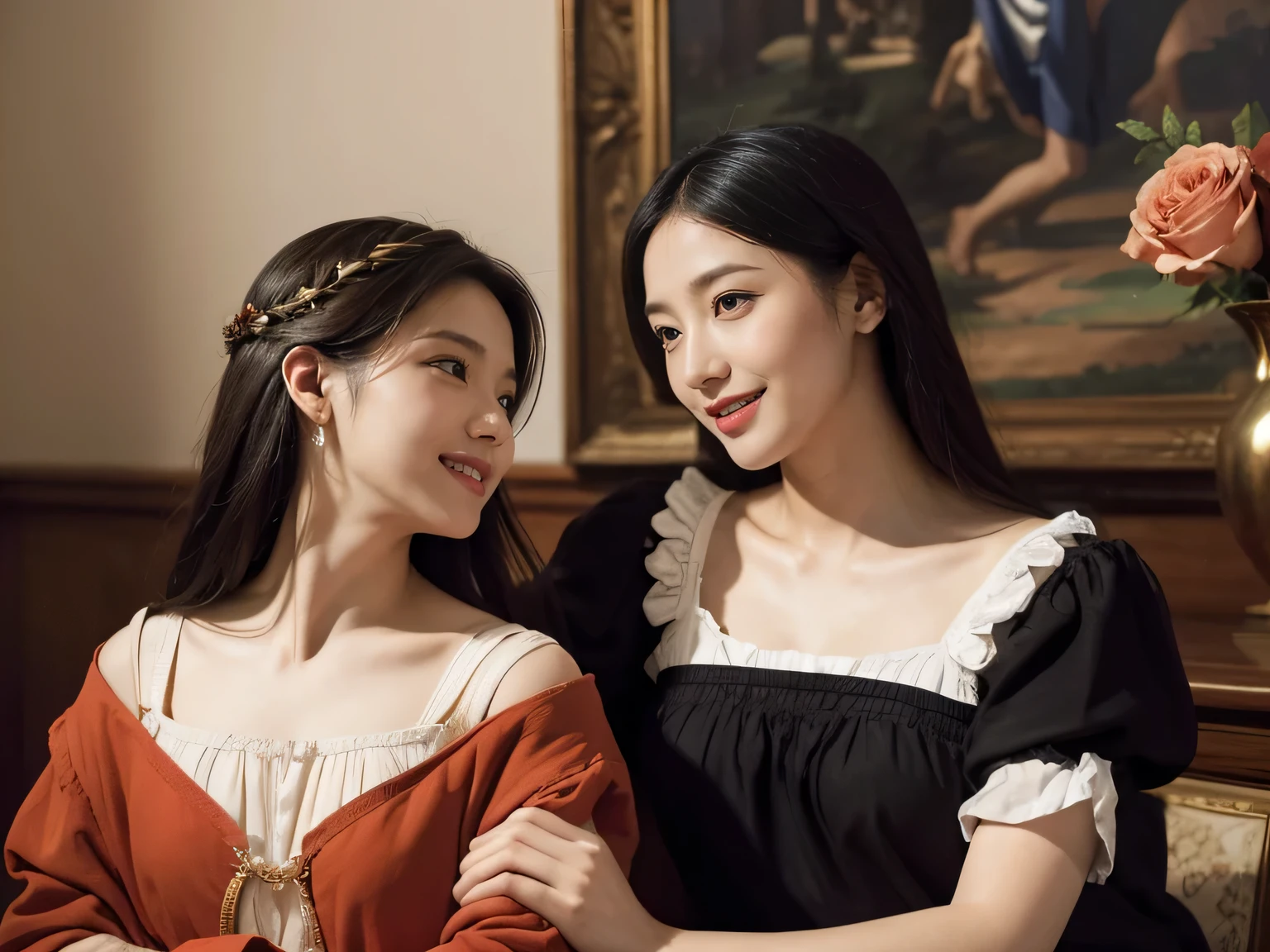 Giorgione painting style,Arguments of two female Philosophe,math、astronomical machine、astronaut、roses in vase、fruits、Cute trinkets、smile、ancient greek costume、Ancient Roman landscape in the style of Nicolas Poussin,laughter,,Sweet and seductive appearance.、Caravaggio's paintings、Chiaroscuro of Caravaggio、hair tousled by the wind,Two women frolicking,cute smile, expression of ecstasy,Sexy,erotic