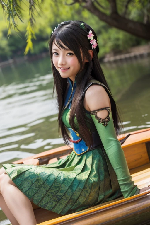 Guan Yinping, Black发, brown eyes, hair accessories, hair flower, Half body, Black, 上Half body，pretty face，Lovely，high school student，Smile，small dress，west lake，Blue and green yellow，enthusiastic，Sunlight，Hold paper umbrella，willow，peach blossom，light rain，Take a boat，raft