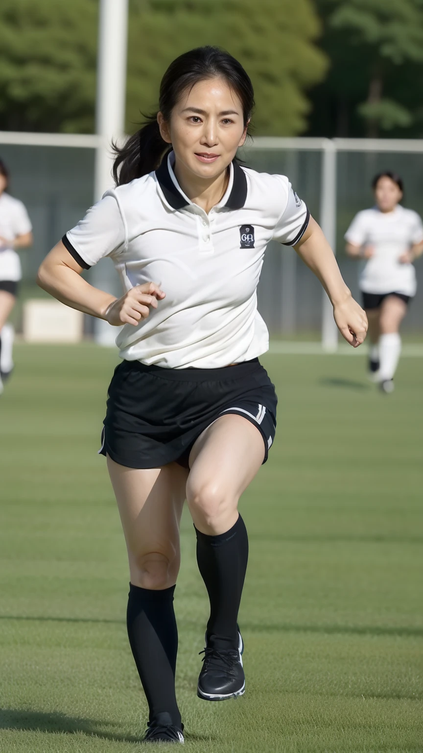 NSFW, ((highest quality)), ((8K)), ((masterpiece:1.3)), (become familiar with), (cinema quality), ((rugby field)), (Sports Stadiums), The green grass is beautiful, Japanese female referee, The contrast between the natural light shining in and the shadow created by the studio roof, (芝生のコート上でRun:1.2), (black collared short sleeve polo shirt:1.2), (black polo shirt), Sponsor logos on both chests:1.6, ((black shorts)), ((black knee socks:1.6)), shoes with spikes, (has a whistle in his right hand:1.6), long hair, Hair tied up in a ponytail, (ポニーテールに束ねた髪を靡かせRun:1.6), perfect appearance, 32 years old, married woman, (trained thigh muscles), ((swollen thigh muscles)), tanned skin, facial wrinkles:1.2, wrinkles around the eyes, tear bags around the eyes, double eyelid, Crying mole under left eye, face is looking to the side, (横を向きながらRun:1.2), hall々expression, (big breasts), big breasts, (揺れるbig breasts), (Run勢いで揺れ動く胸:1.6), hard nipples, whole body, (Sweat soaks my face and arms), (polo shirt drenched in sweat:1.2), (Run:1.6), (Perspective looking up from the feet), (I can see the players around me.:1.1), (Audience stand towards the back),