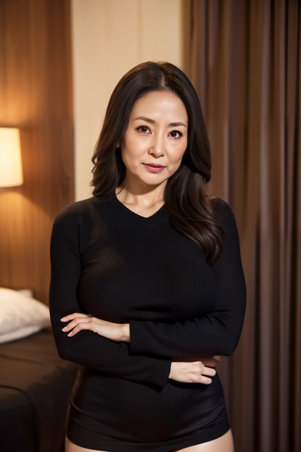 A woman standing in front of hotel bed wearing black sweaters, black tight mini-skirt..in a dimly lit room at night.1girl, japanese mature, (Solo), 45 years old, (Wrinkles at the corners of the eyes:1.4), Large breasts, long hair, A MILF, glamor, A sexy, Chromo-white skin, Looking at Viewer, Super large udder, Tight Fit shallow V-neck Knitted, Black pantyhose, Angry expression. Crying expression.Has big breasts of J cup,black Tight Fit Knitted Dresseuchimuchi,middle hair,cross one's arms and stand