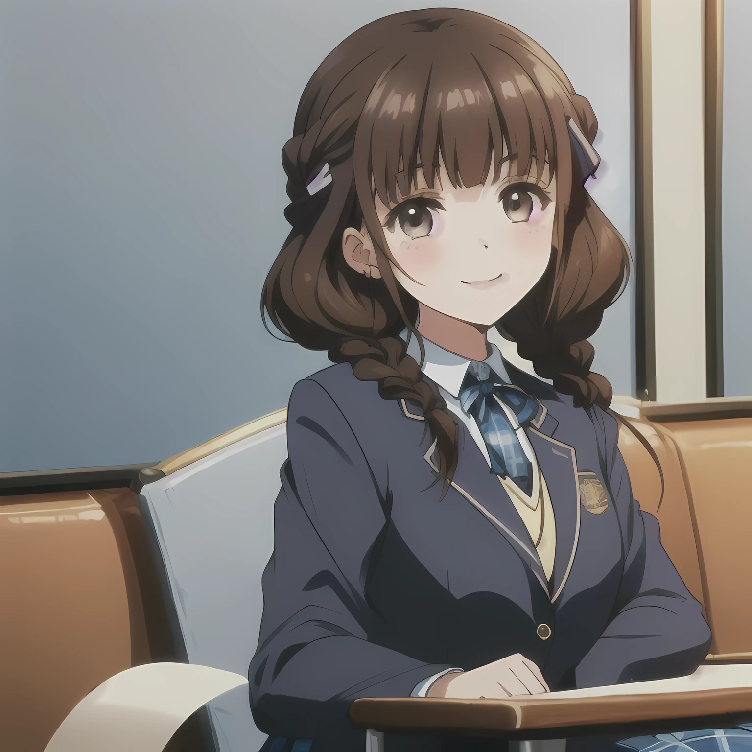 highest quality, (masterpiece:1.2), very detailed,Portrait of a beautiful girl with a bright and cheerful atmosphere, Only one beautiful girl sitting、Looking at the viewer and smiling, glossy lips, nice smile, big brown eyes, (((dark brown hair))), , big shiny hair clip, , ((((Green school blazer with emblem))), ((A large Japanese-style school ribbon with a large navy blue stripe on the chest.)), very shiny hair、The corners of the eyes are drooping,(white and transparent skin), (((Tightly braided brown hairstyle))), ((((Green & Deep navy navy color tartan check middle long skirt)))), A gentle and cute expression staring at the viewer, double eyelid, ((long eyelashes)), round face, the skirt is very cute,