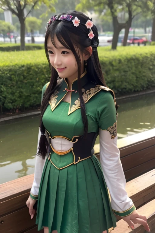 Guan Yinping, Black发, brown eyes, hair accessories, hair flower, Half body, Black, 上Half body，pretty face，Lovely，high school student，Smile，small dress，west lake，Blue and green yellow，enthusiastic，Sunlight，willow，peach blossom，light rain，Take a boat，raft