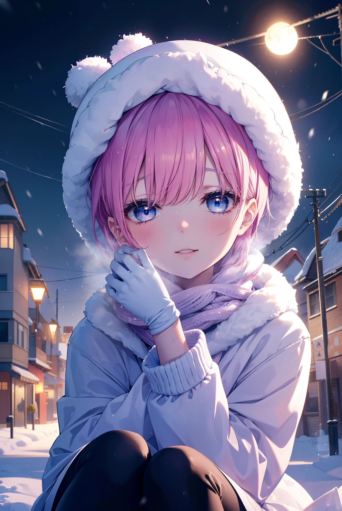 ichikanakano, ichika nakano, short hair, bangs, blue eyes, hair between eyes, pink hair,happy smile, smile, open your mouth,knit hat,Yellow coat,white scarf,white sweater,He wears fluffy gloves on both hands.,long skirt,black tights,short boots,It's snowing,snow is falling,winter,cold sky,moonlight,full moon,よる
break looking at viewer, whole body, Upper body,
break outdoors, In town,building street,
break (masterpiece:1.2), highest quality, High resolution, unity 8k wallpaper, (figure:0.8), (detailed and beautiful eyes:1.6), highly detailed face, perfect lighting, Very detailed CG, (perfect hands, perfect anatomy),