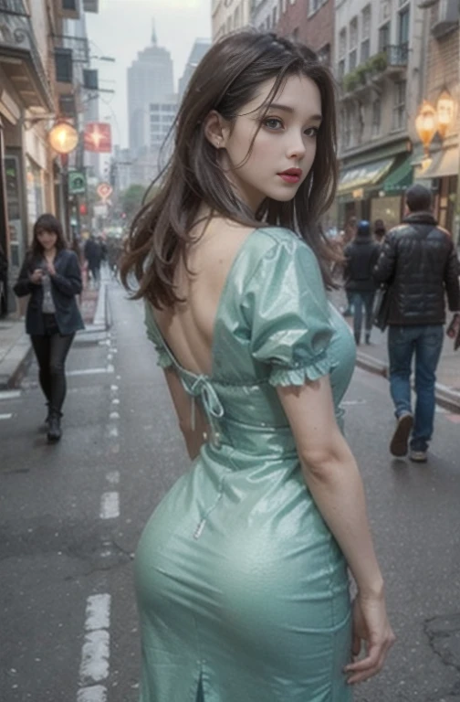 1 girl, Best quality, ultra-detailed, green hair tied in a bun, Brown eyes, Beautiful body, medium breasts, perfect ass, beige dress with ruffles, prominent breast outline, nipples, butt thong outline, background = street, dark alley, outside = back view, turn around