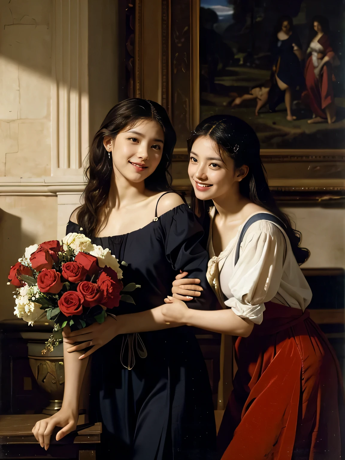 Giorgione painting style,Arguments of two female Philosophe,math、astronomical machine、astronaut、roses in vase、fruits、Cute trinkets、smile、ancient greek costume、Ancient Roman landscape in the style of Nicolas Poussin,laughter,,Sweet and seductive appearance.、Caravaggio's paintings、Chiaroscuro of Caravaggio、hair tousled by the wind,Two women frolicking,cute smile, expression of ecstasy,Sexy,erotic