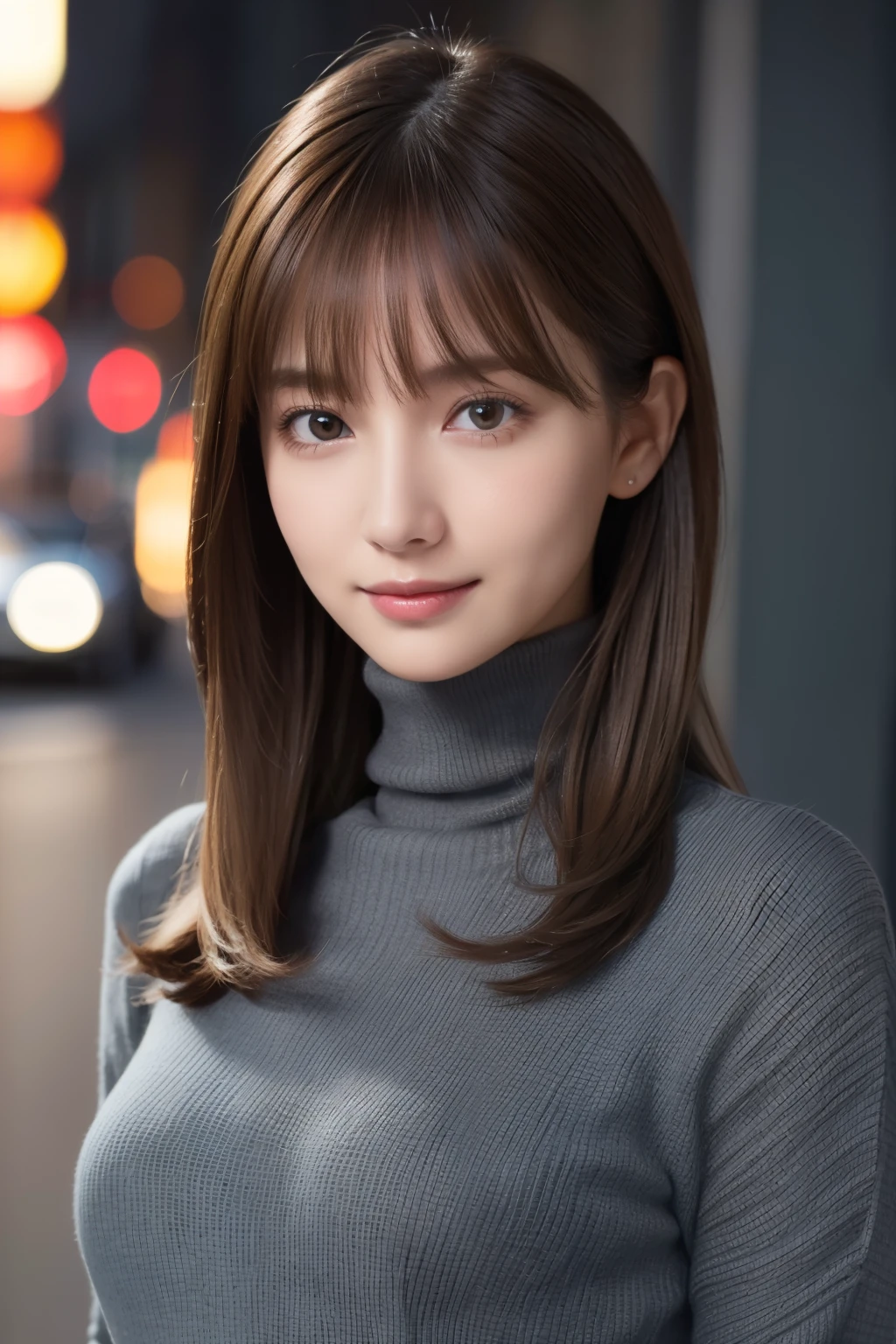 one 19 year old girl, (Dark gray turtleneck thin sweater), Raw photo, highest quality, photorealistic, very delicate and beautiful, very detailed, 8K wallpaper, High resolution, soft light, very detailed目と顔, beautifully detailed nose, detailed and beautiful eyes, cinematic lighting, night city lights, perfect anatomy, slender body, well-shaped chest, straight hair, smile, asymmetrical bangs, light brown hair