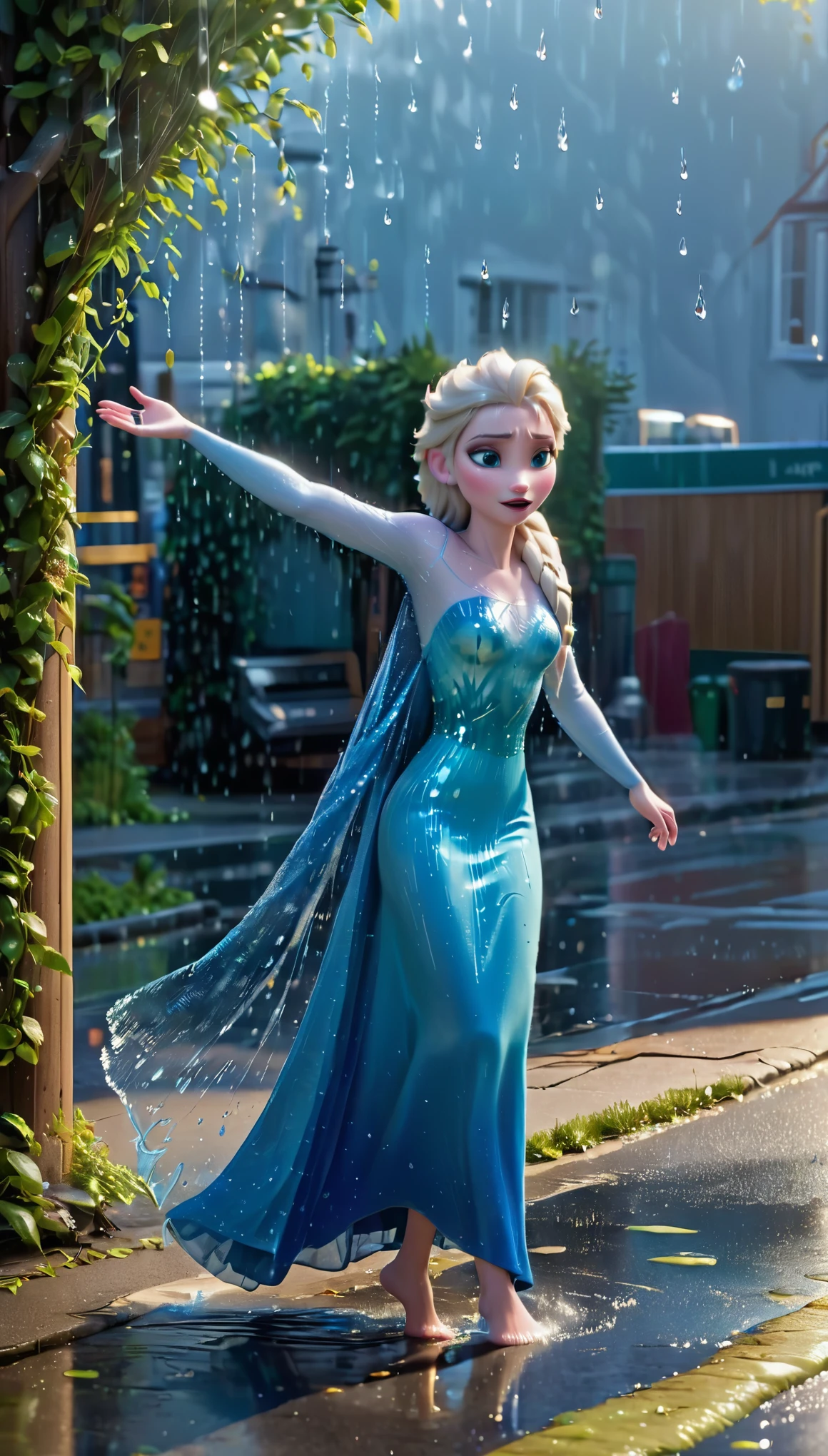 Créer une image 
Elsa qui danse joyeusement sous une forte pluie dans une rue solitaire dans une ville canadienne . Elle porte une robe bleu et jaune , completely soaked, et exsudant le bonheur, take full advantage of the present moment. La rue comprend des flaques d'eau et des gouttes de pluie visibles, capturant l'essence de l'atmosphère pluvieuse. The image should be hyperrealistic, ressemblant à une photo haute résolution 16k avec des détails exceptionnels.