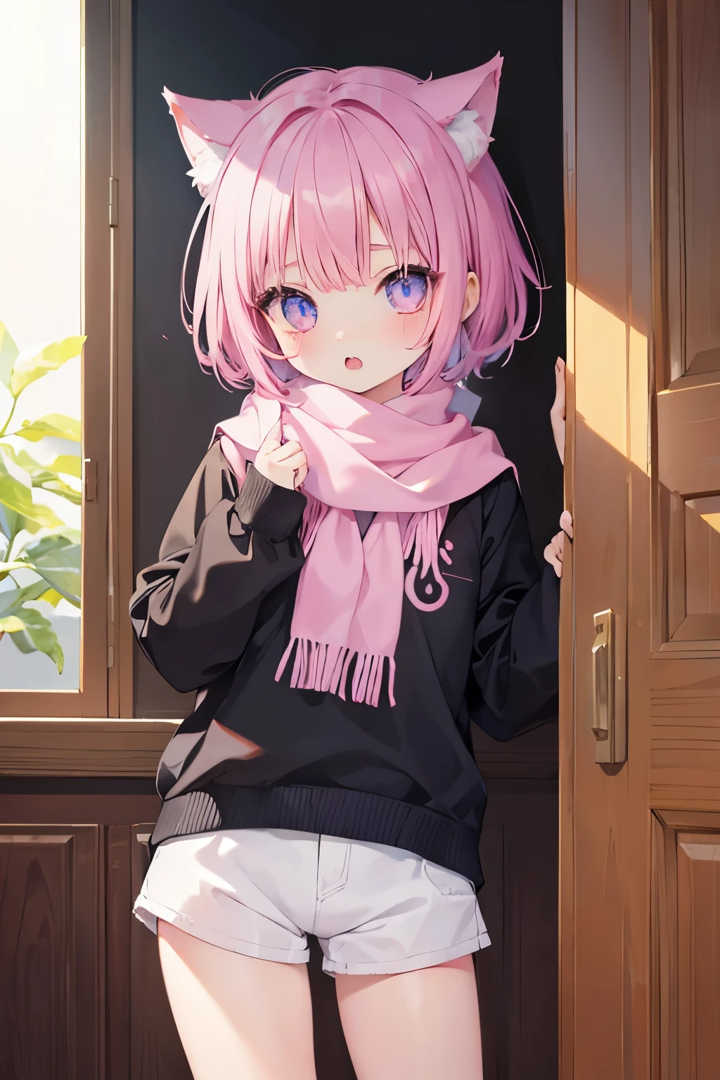 Very beautiful and shining eyes、shining eyes、1 girl、small breasts、big mouth、high school girl、small breasts、Cat ear、Transparent pink short hair、scarf、hot pants、transparent clothes、childish clothes、7 year old girl
