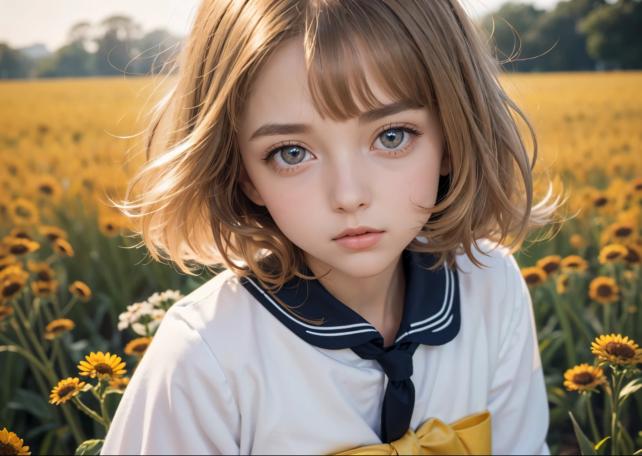 Psychedelic world、Girl in a sailor suit、1 cute girl、12 year old girl、Big eyes、small breasts、Gold colored hair、The head is all in the field of view、colorful gel background、Fractal background、perfect lighting、sharp focus、High resolution、High resolution、High color rendering、High resolution、Super realistic、photo-realistic