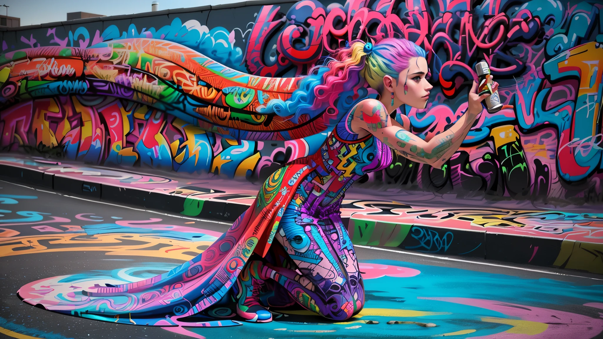 arafed woman in vestido colorido with colorful hair and flowing hair, graffiti releases, arte corporal completa, estilo de arte de rua, arte de rua 8k, totalmente coberto de tinta colorida, arte de corpo inteiro, Fresh Rainbow Body Painting, vestido colorido, vestido de seda colorida, graffiti de pintura corporal pintado com spray, salpicado com graffiti, pintura corporal em redemoinho, pintura de corpo inteiro. beautiful face