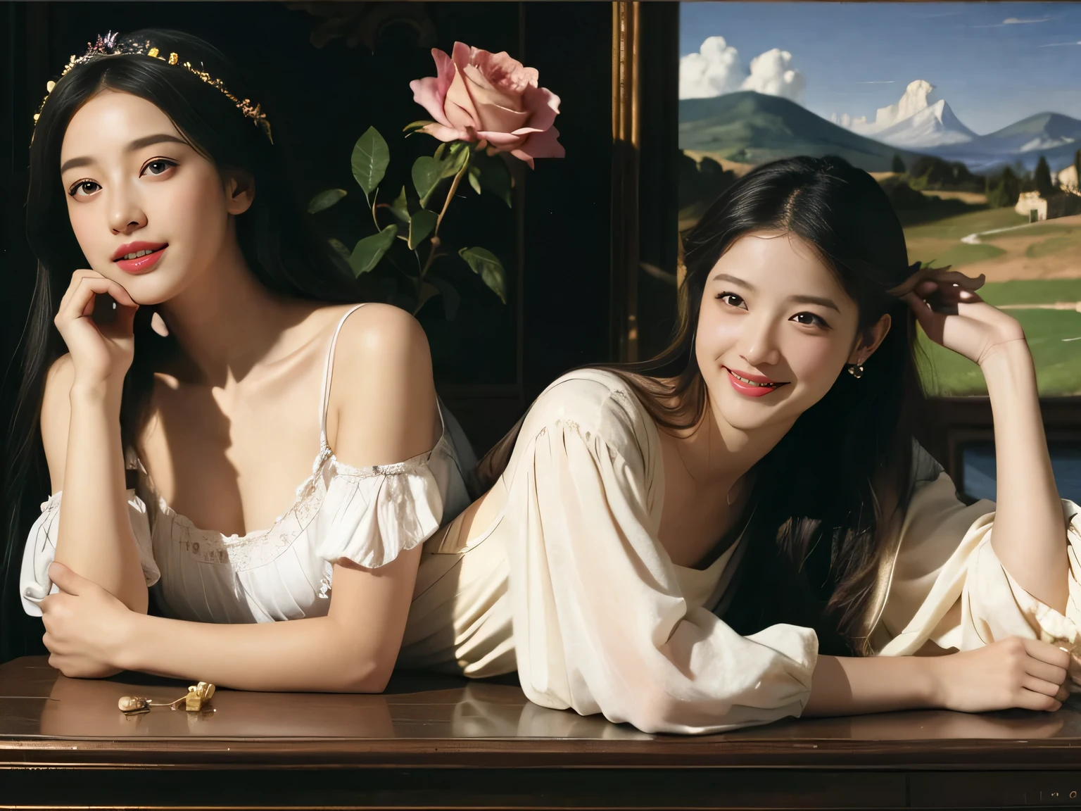 Giorgione painting style,Arguments of two female Philosophe,math、astronomical machine、astronaut、roses in vase、fruits、Cute trinkets、smile、ancient greek costume、Ancient Roman landscape in the style of Nicolas Poussin,laughter,,Sweet and seductive appearance.、Caravaggio's paintings、Chiaroscuro of Caravaggio、hair tousled by the wind,Two women frolicking,cute smile, expression of ecstasy,Sexy,erotic